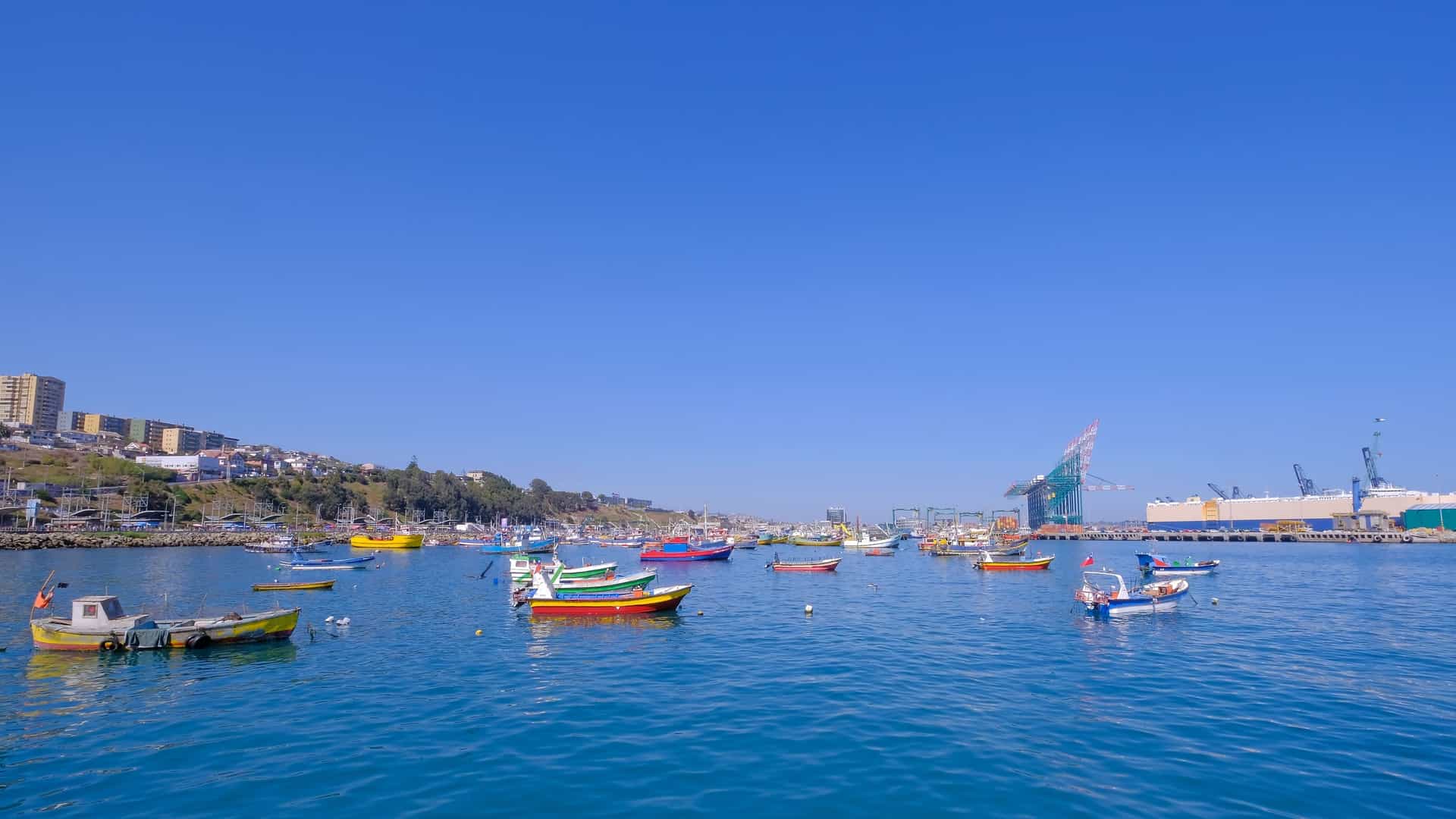 A wide, daylight image showing a small boat tour of the bay in San Antonio, Chile. Several small, brightly painted fishing boats float on the clear, deep turquoise water, suggesting a local excursion. The background shows the city rising up a steep hill to the left, featuring dense buildings, while the industrial port is visible to the right, marked by a large gantry crane and cargo ships. The entire scene is set under a vast, cloudless, deep blue sky.
