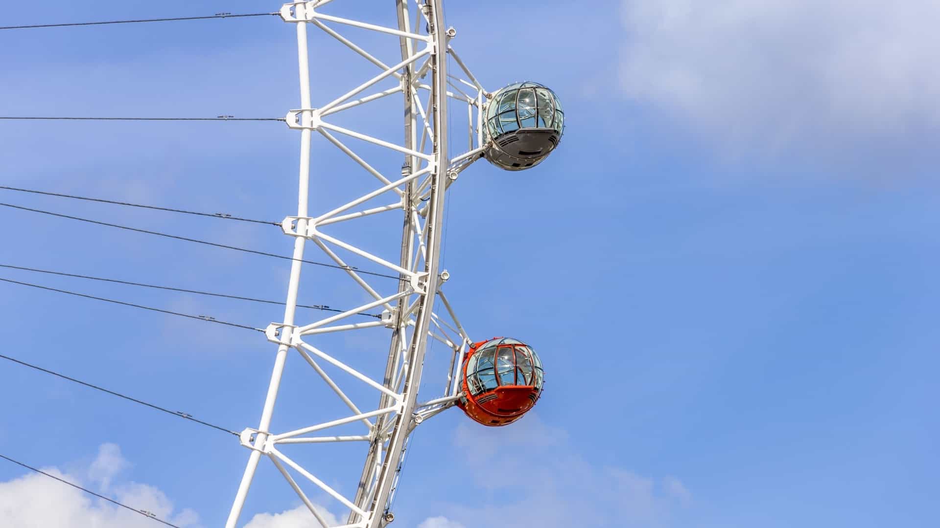 The London Eye (Millennium Wheel), the large, cantilevered observation wheel, standing on the South Bank of the River Thames in London, England, a prominent modern landmark of the city's skyline.