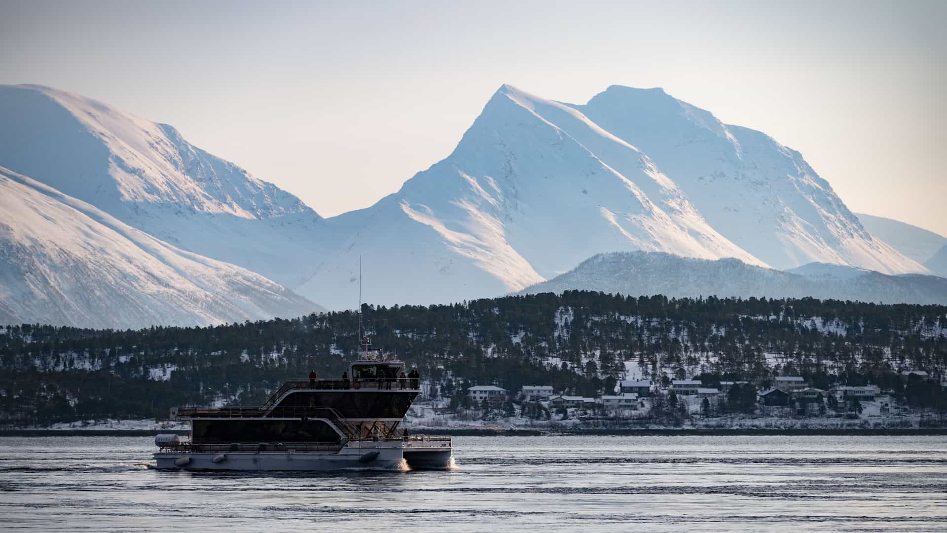An aerial, wide angle panoramic view of the fjord landscape surrounding Tromsø, Norway, as seen during a boat trip. The scene is dominated by a vast, tranquil blue fjord with snow capped, jagged mountains rising dramatically from the water's edge. The foreground features a small, rocky island or a peninsula with sparse vegetation, providing a sense of scale to the immense Arctic wilderness.