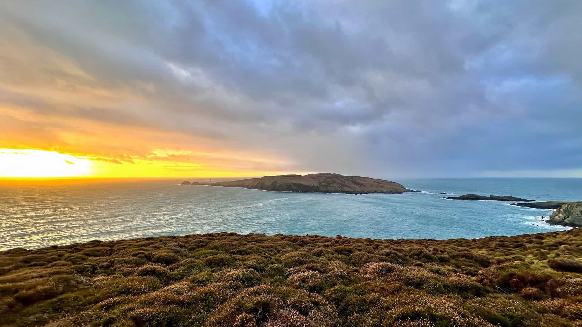 A panoramic sunset view of the Calf of Man, a small island bird sanctuary in the Isle of Man (Crown Dependency), seen across the water from the rugged, heather-covered cliffs of Spanish Head under a dramatic, glowing sky.