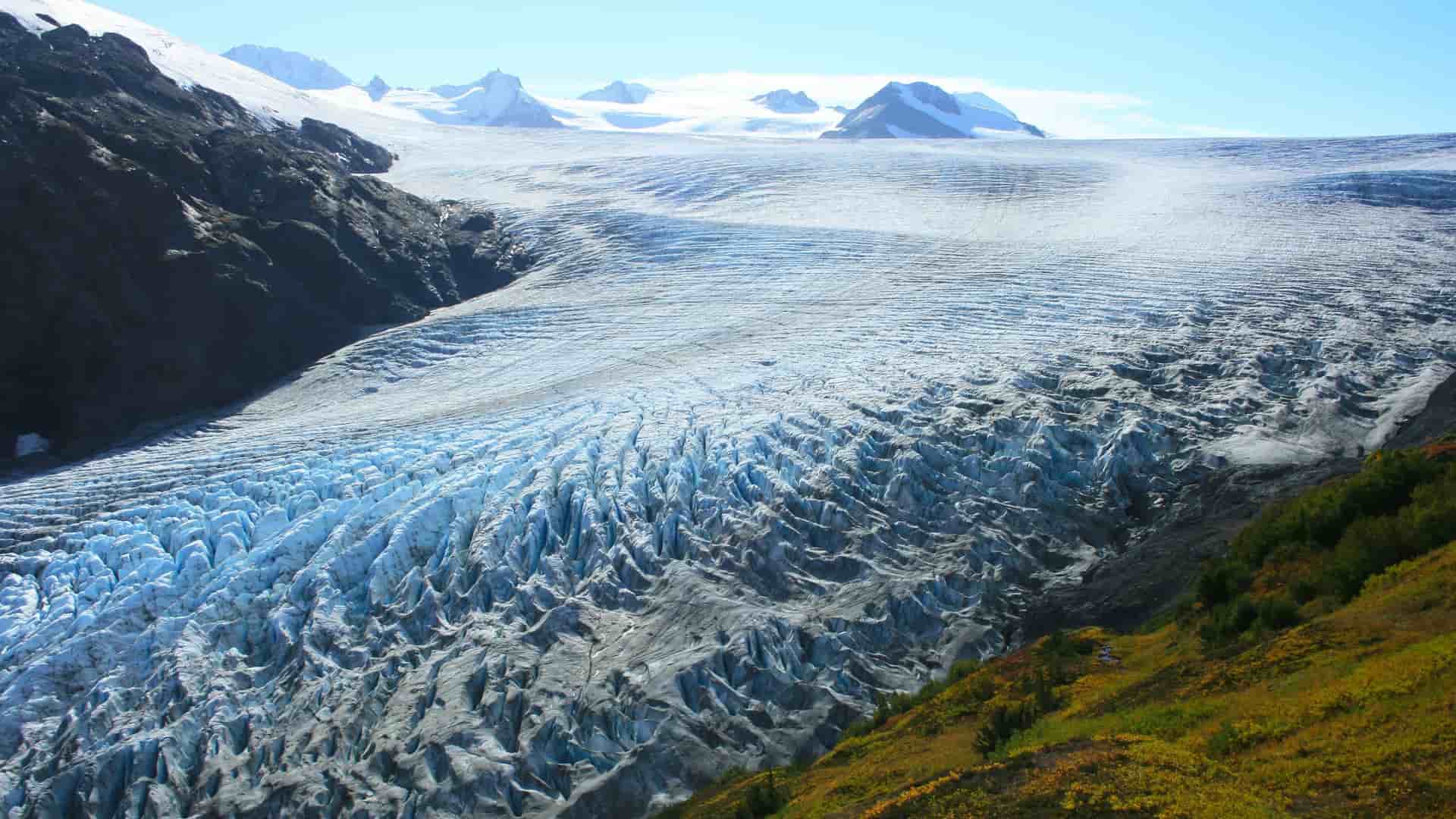 A striking view of Exit Glacier, a highly accessible glacier located in Kenai Fjords National Park near Seward, Alaska.