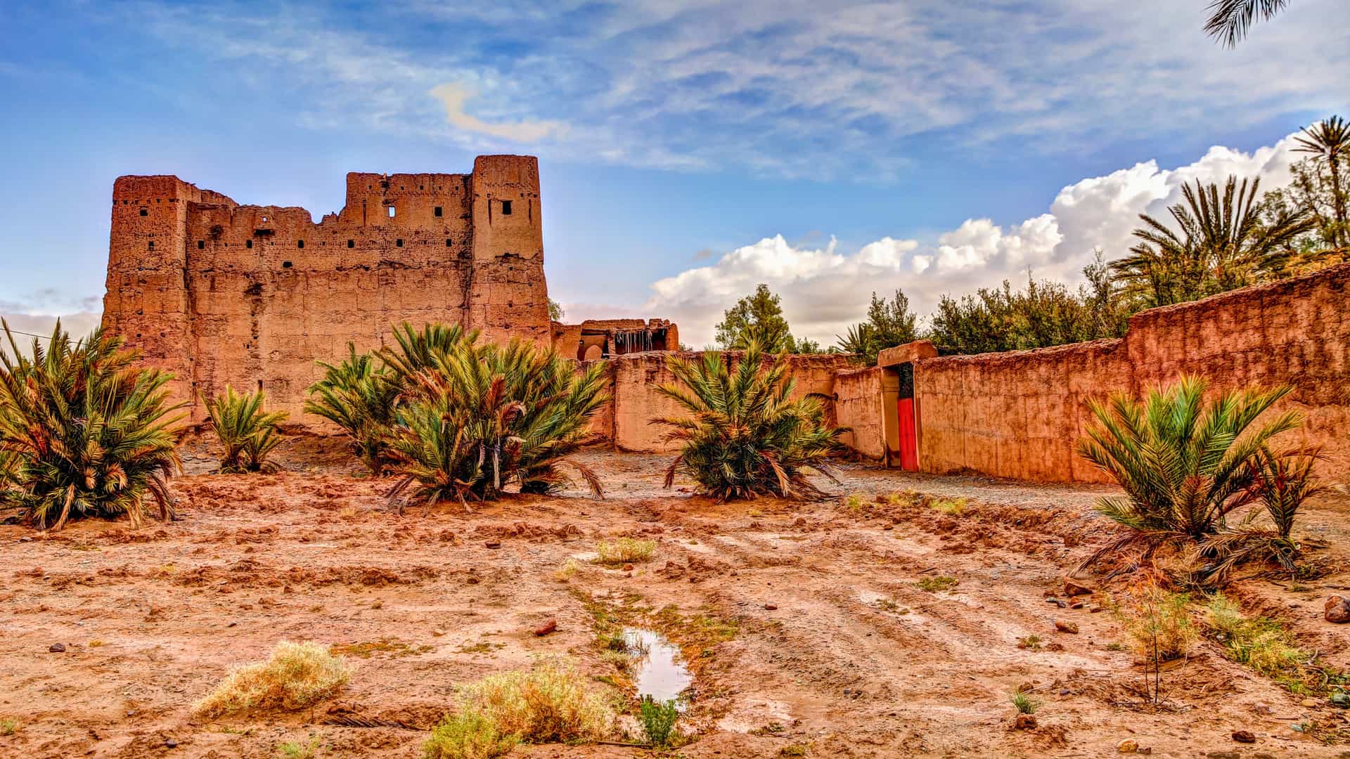 Explora journey view of historic kasbahs and palm trees in the garden areas of Skoura, Morocco, North Africa.