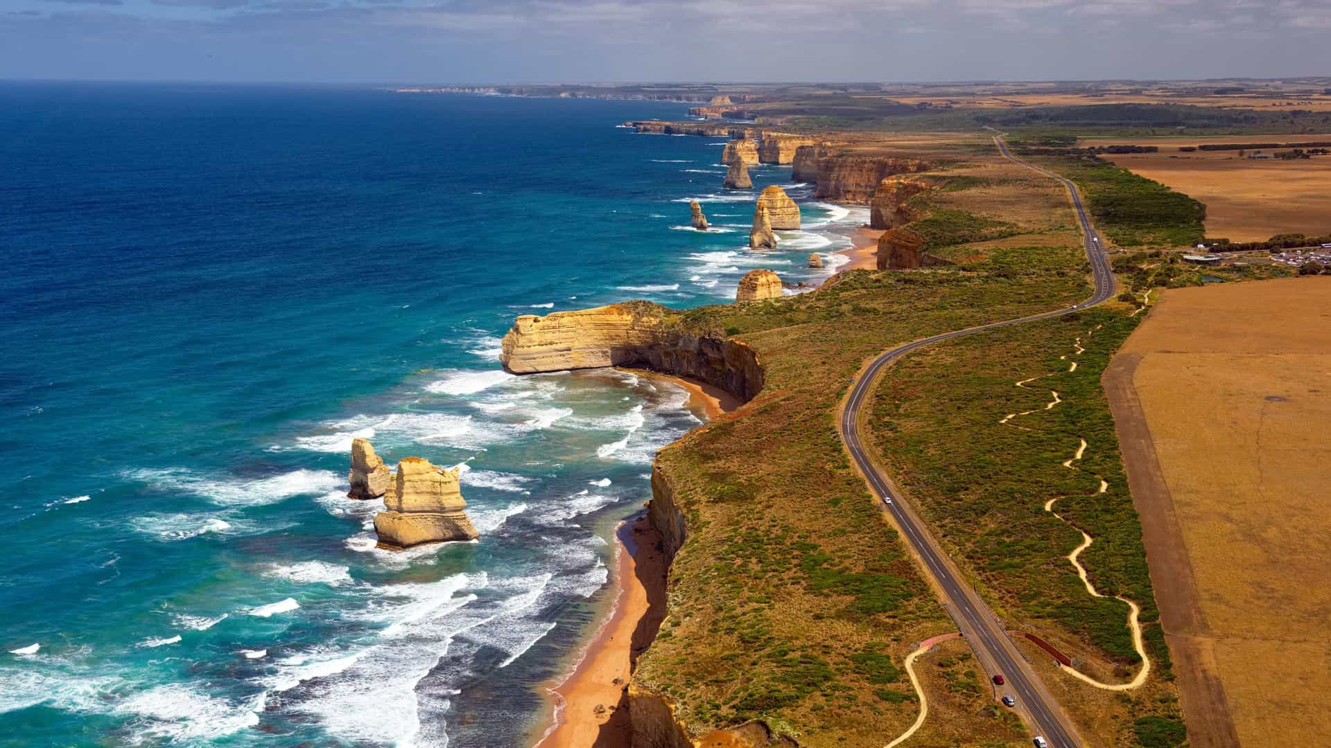 Great Ocean Road and the 12 Apostles along Australian coast.
