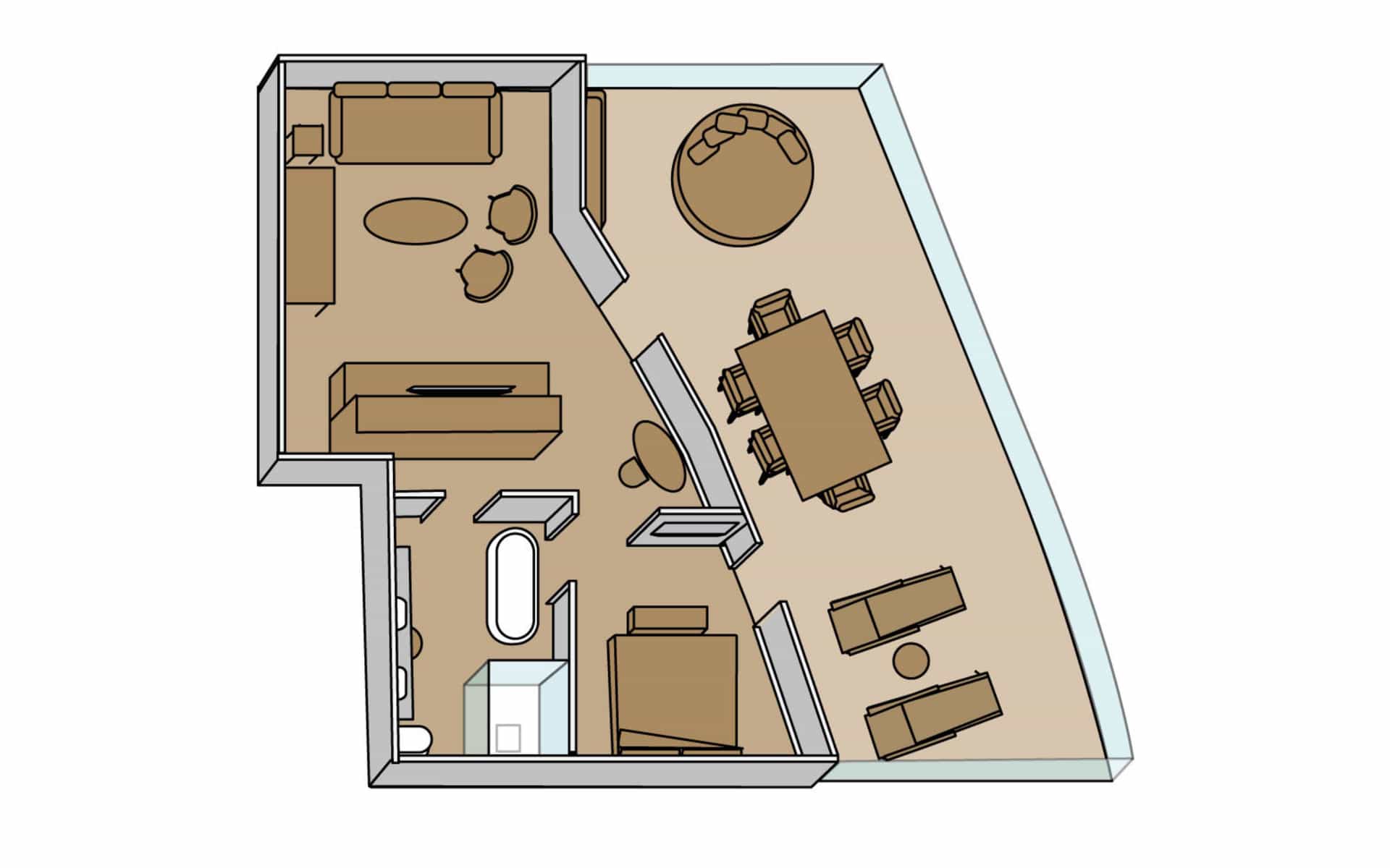 Holland America's project evolution bridgeview suite floorplan.