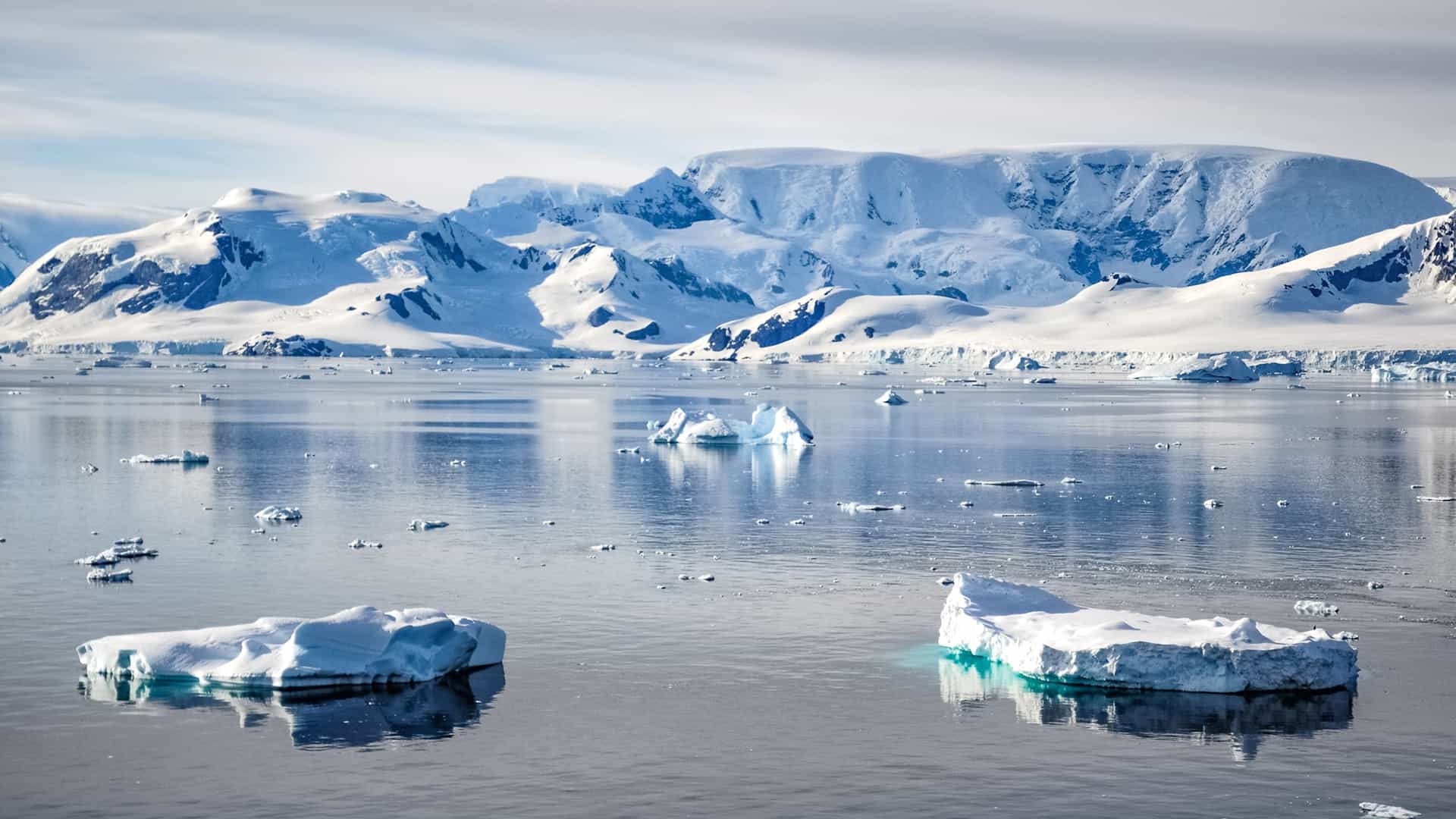Antarctic landscape with snow and mountains.