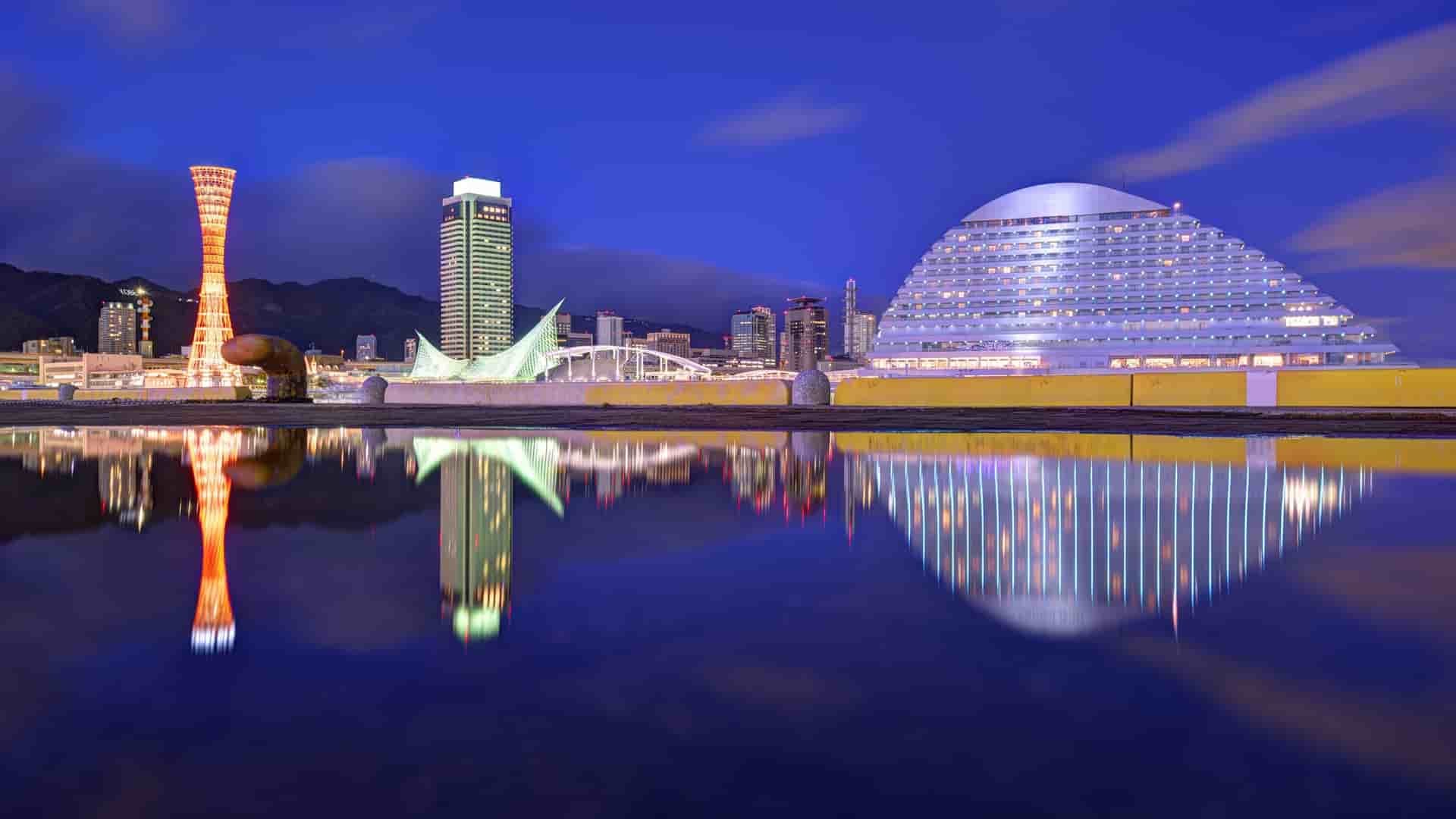 Kobe cityscape with port tower at night.