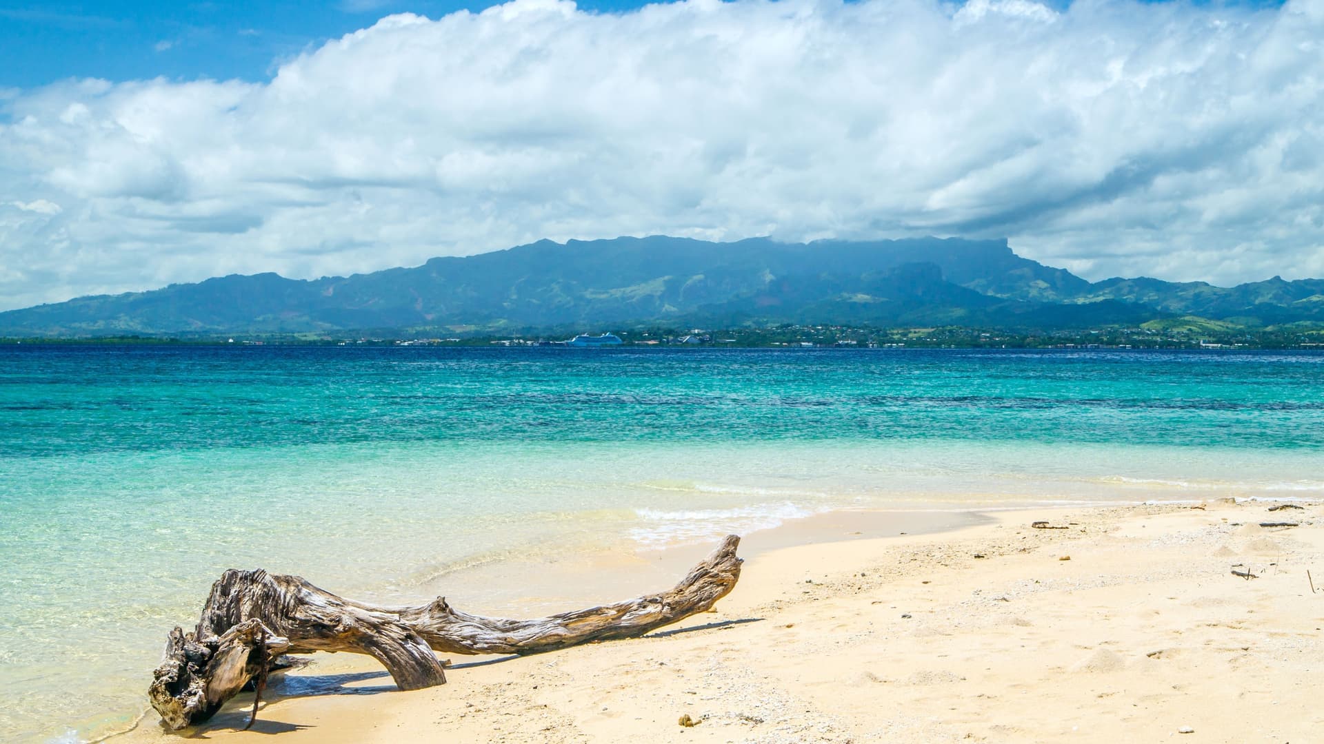 Tropical beach with clear water in Fiji.
