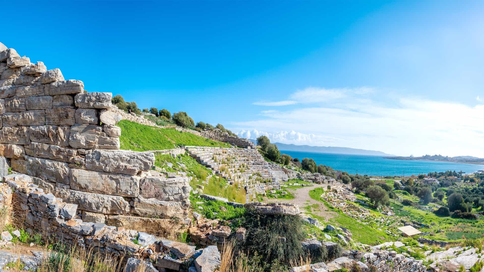 Ancient Theatre of Thorikos ruins by the coast in Lavrion, Greece.