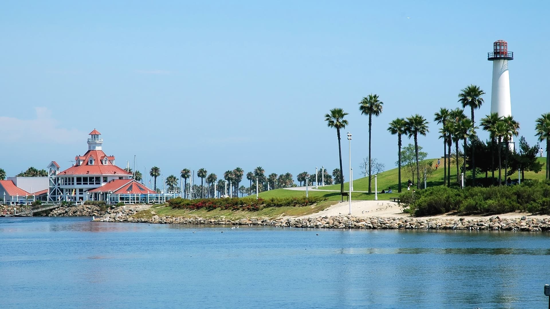 Long Beach, California shoreline with lighthouse and palm trees.