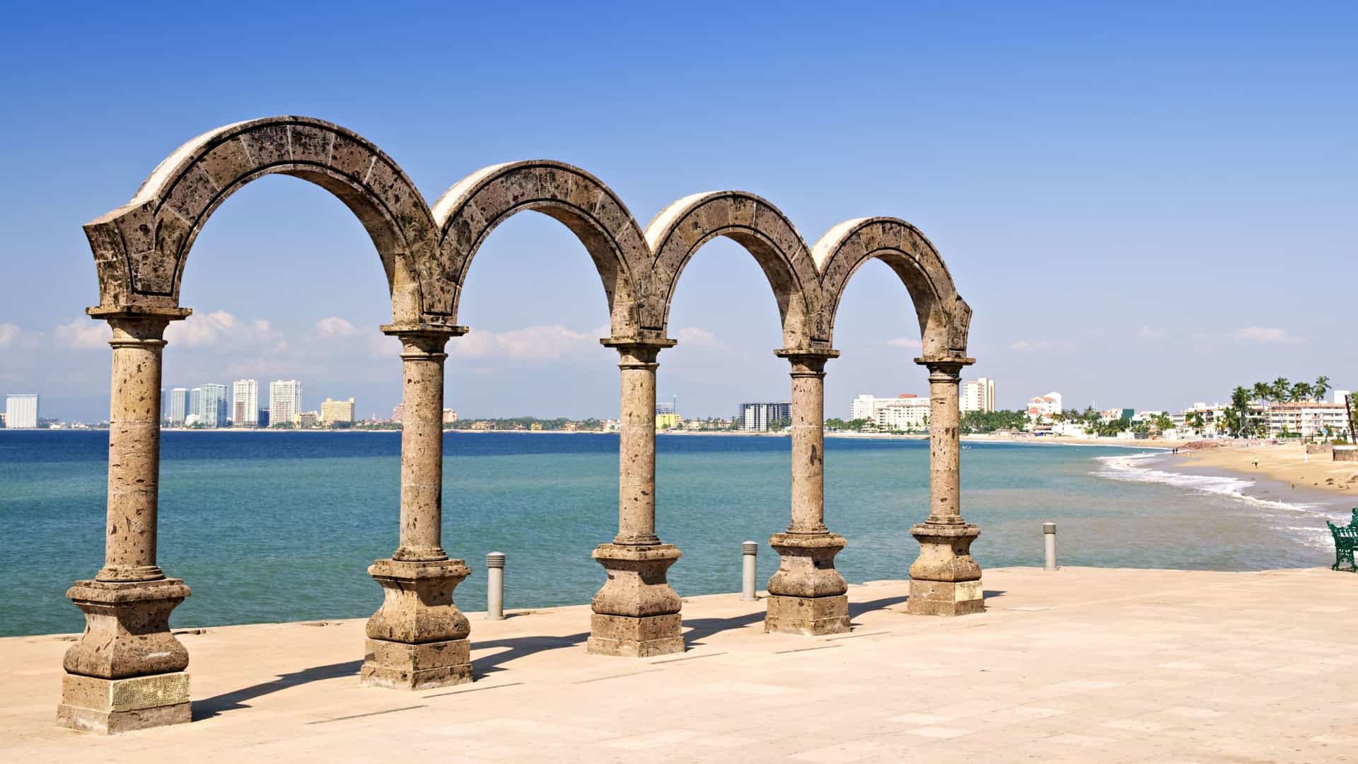 A front facing shot of Los Arcos Amphitheater along the Pacific Ocean in Puerto Vallarta, Mexico.