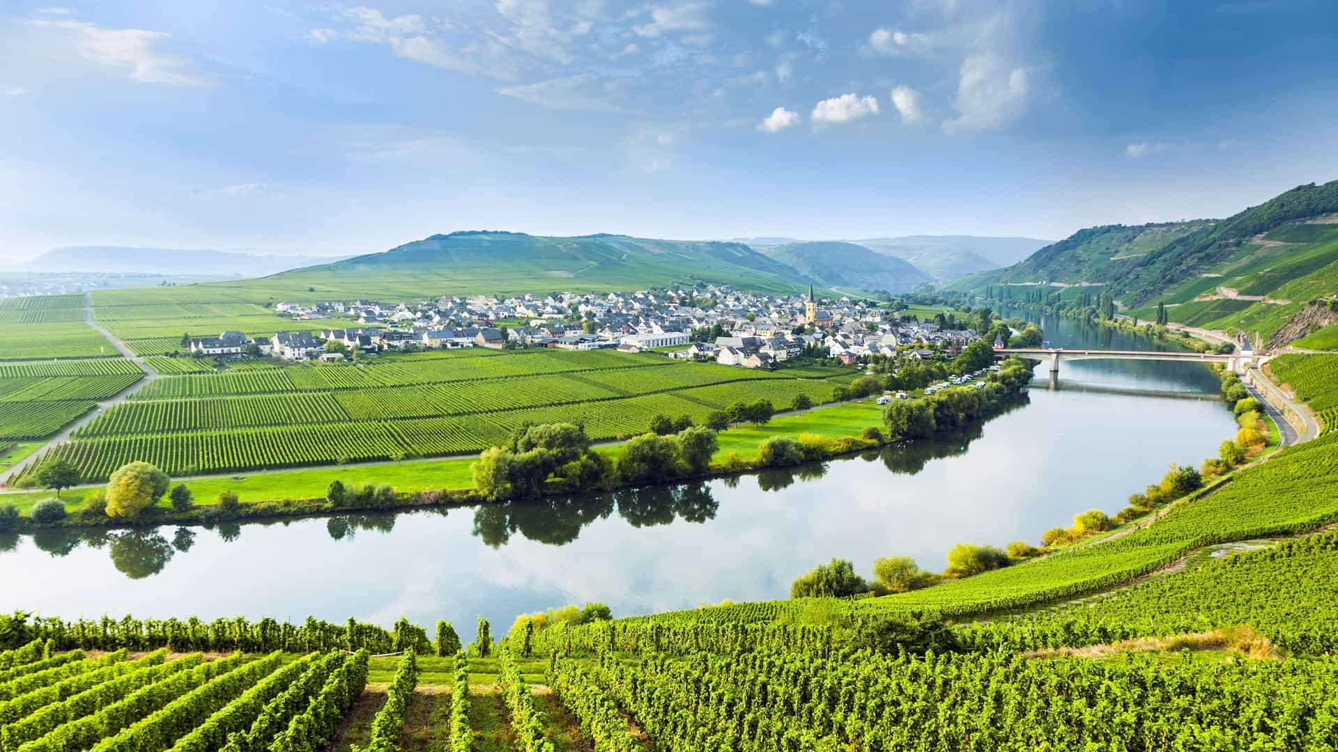 A scenic valley with a winding river and the town of Mossell nestled on the hillside.
