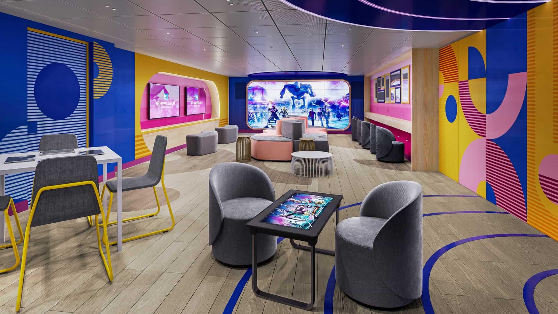 The Entourage teen club aboard Norwegian Aqua, featuring bold geometric murals in blue, yellow, and pink, lounge seating, touch-screen gaming tables, and a large video wall. Norwegian Cruise Line's dedicated space for guests ages 13 to 17.