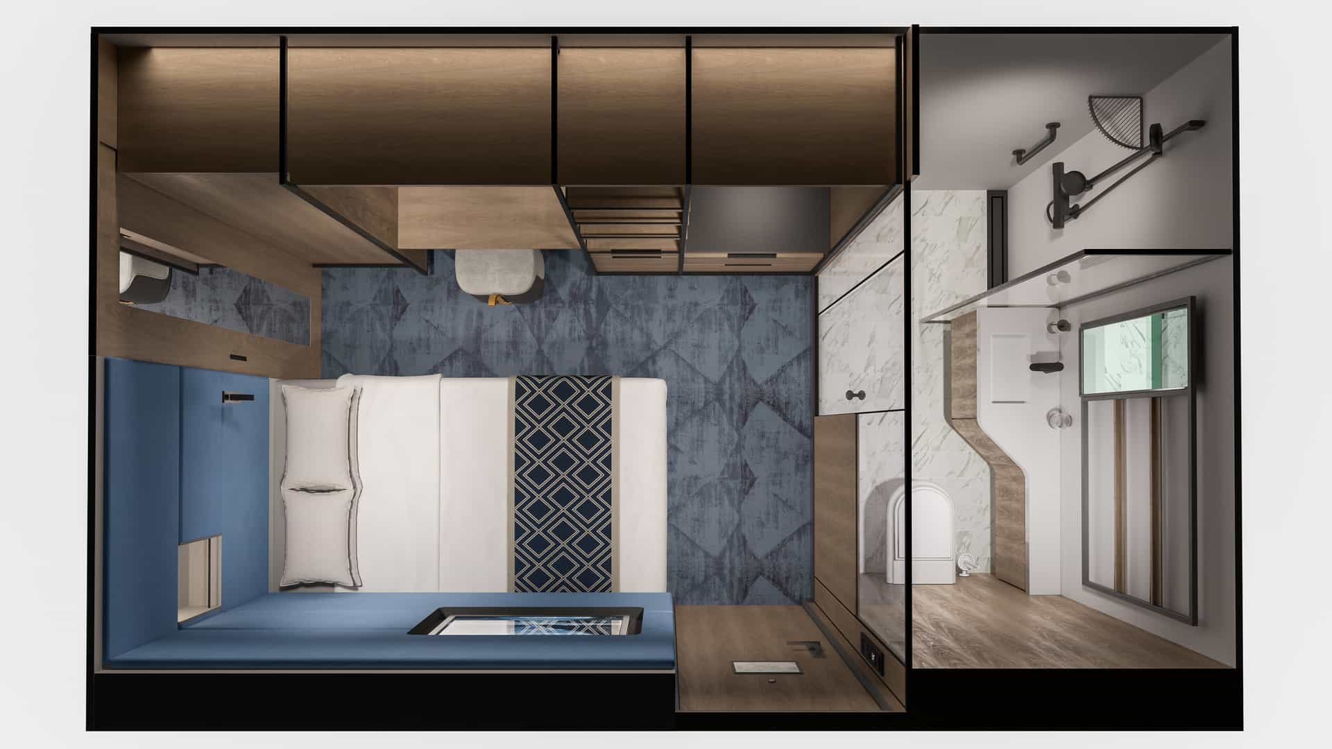 Top-down floor plan of an inside stateroom on Norwegian Aura with a bed, wardrobe storage, a desk and a separate bathroom.