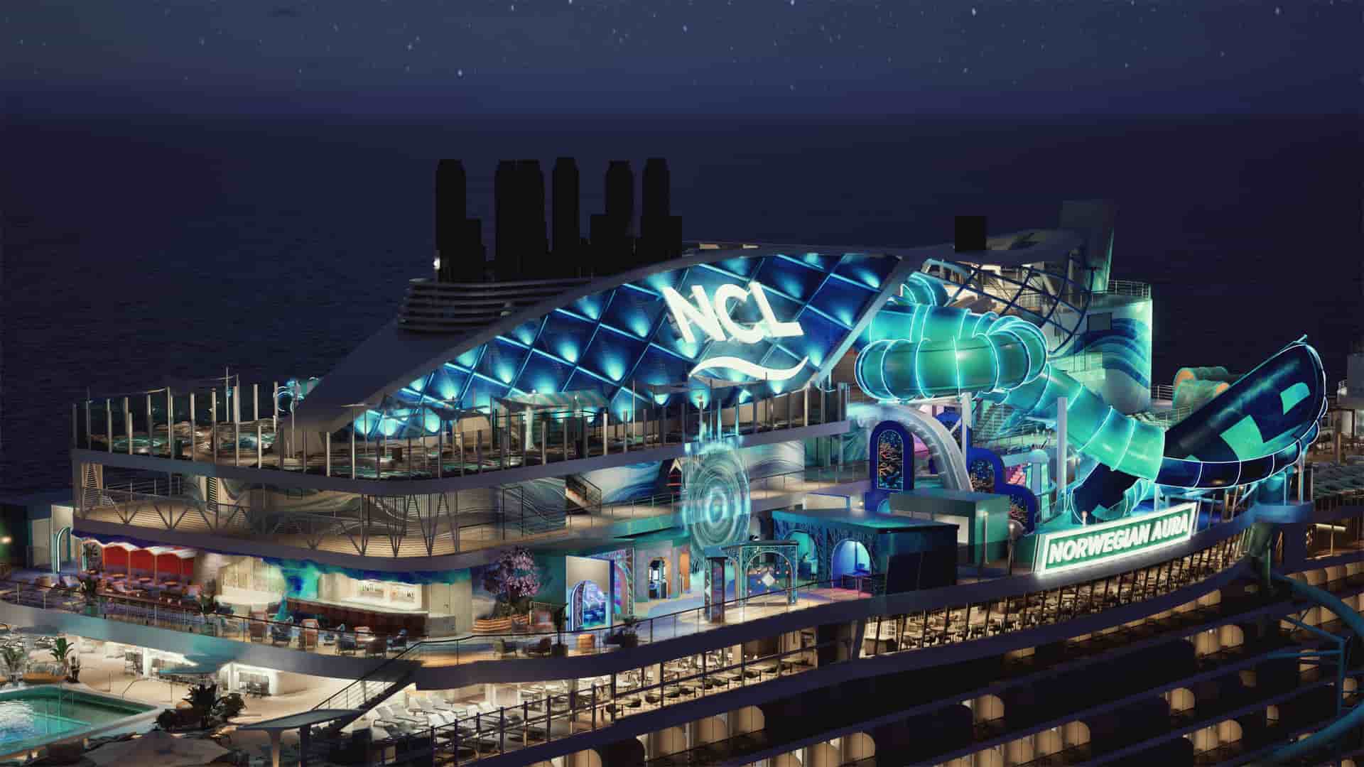 A nighttime exterior rendering of the Norwegian Aura cruise ship glows with vibrant blue lighting, highlighting its illuminated NCL logo, water slides, and open-air decks.