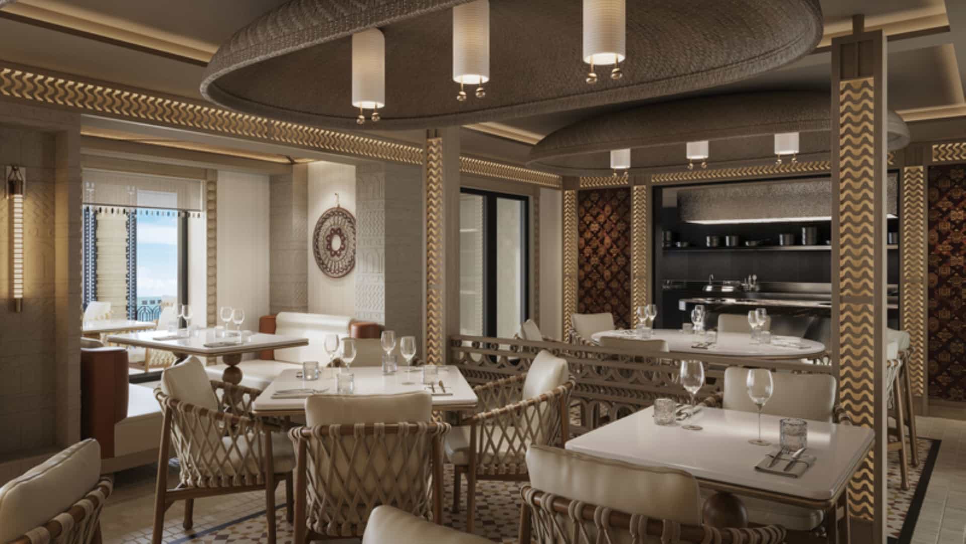 An elegant cruise ship restaurant interior features white-topped tables, woven chairs, and large wicker pendant light fixtures.