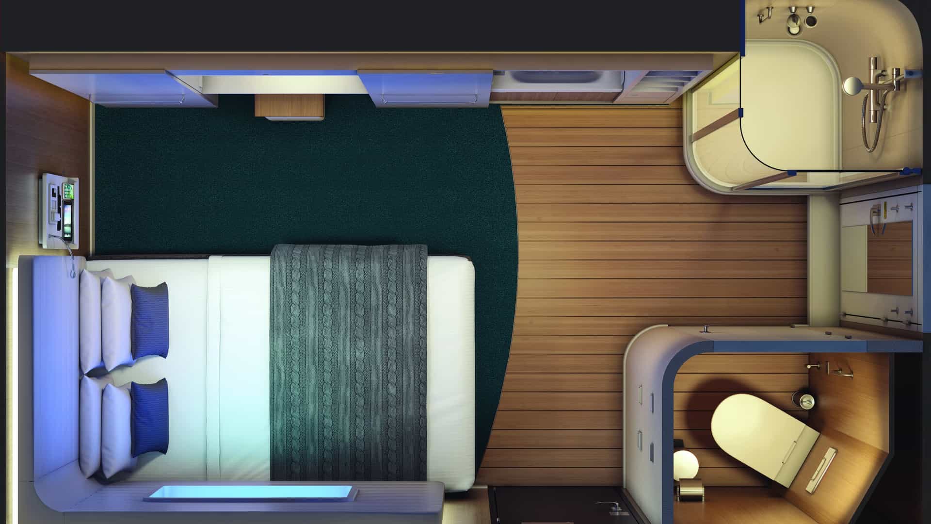 op-down floor plan of a Studio on Norwegian Bliss showing the bed, sink, corner shower and separate toilet room.