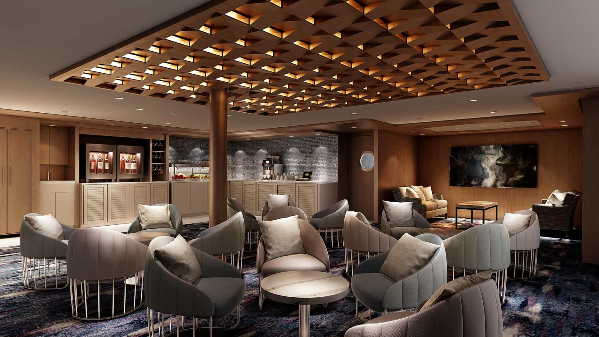 Studio Lounge on Norwegian Encore with round-backed armchairs, a wood lattice ceiling and a beverage station.