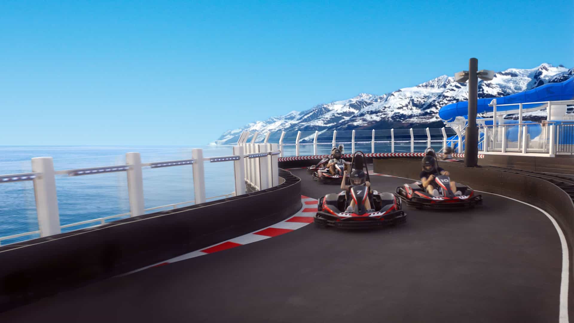 A group of friends enjoying go-kart racing on a Norwegian cruise ship deck.