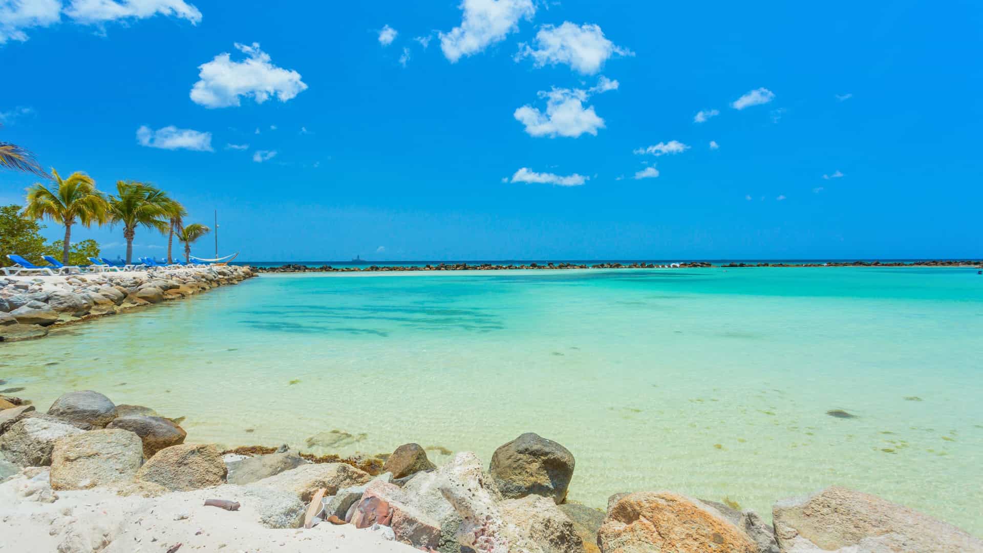 Norwegian Cruise Line: Southern Caribbean beach in Aruba with turquoise water, white sand, and palm trees.