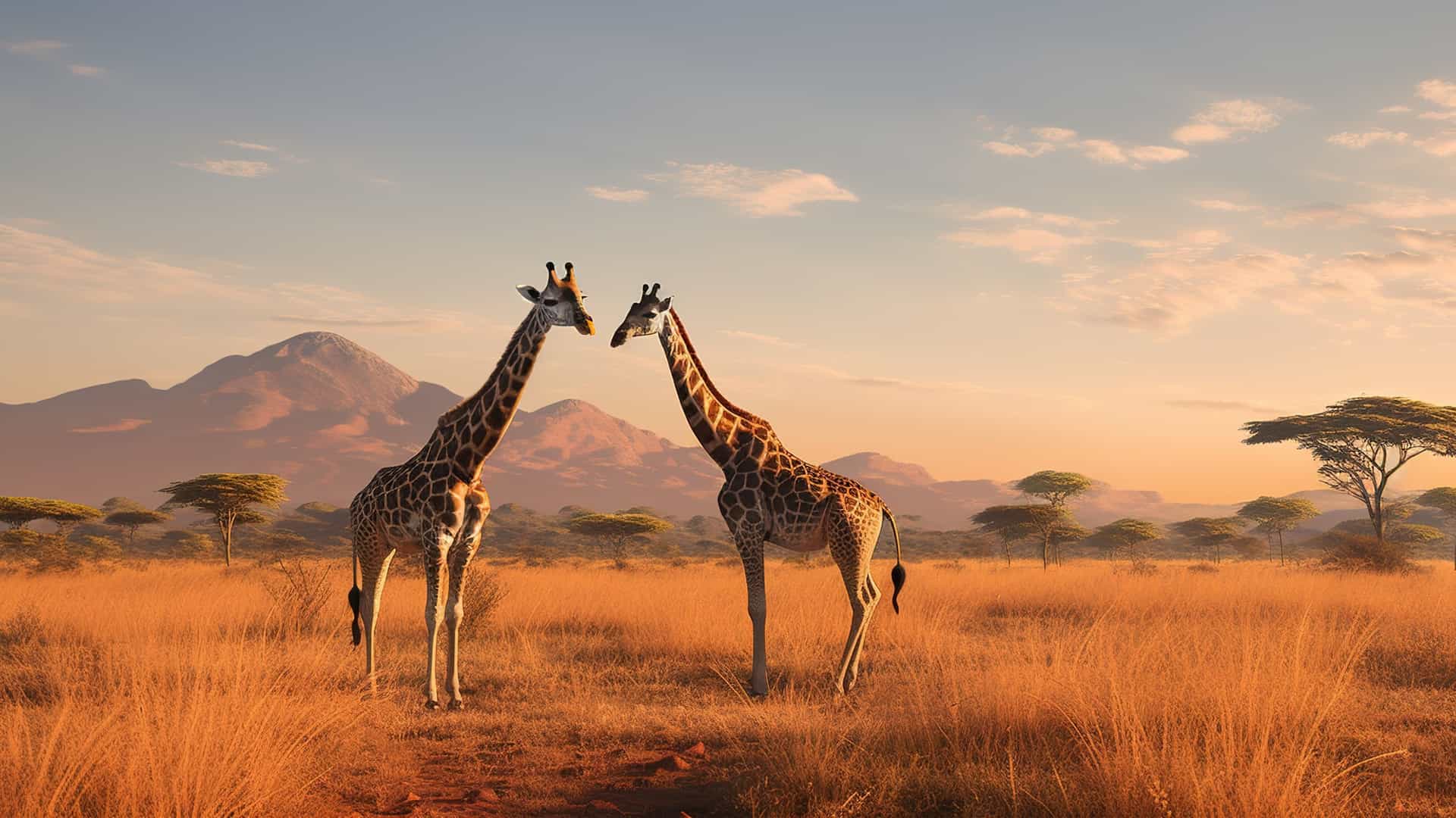 Two giraffes with koala heads stand facing each other in a golden savanna landscape at sunset with mountains and acacia trees in the background.