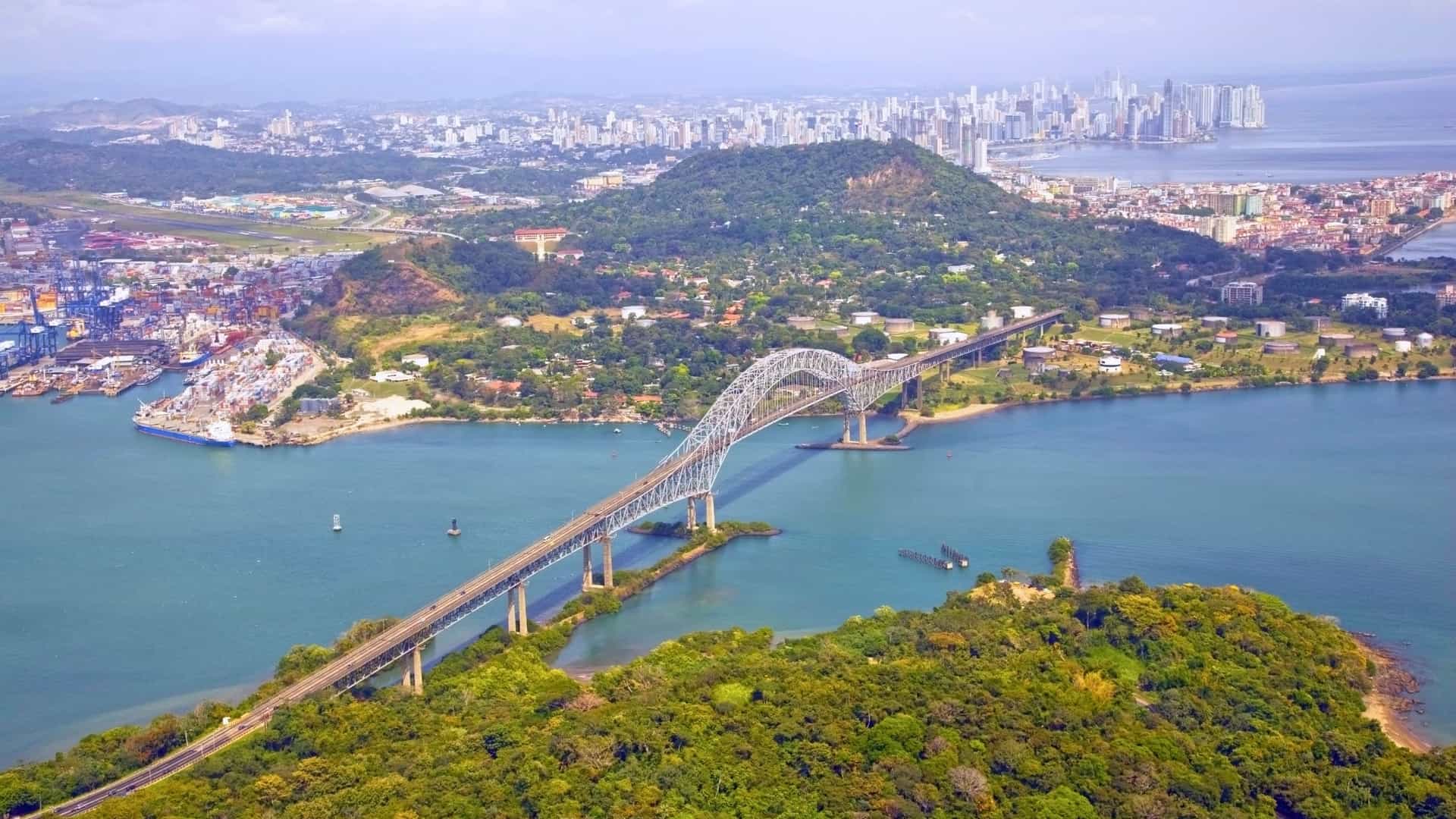 An Oceania Cruises view of Panama City and the iconic Bridge of the Americas, spanning the entrance to the Panama Canal.