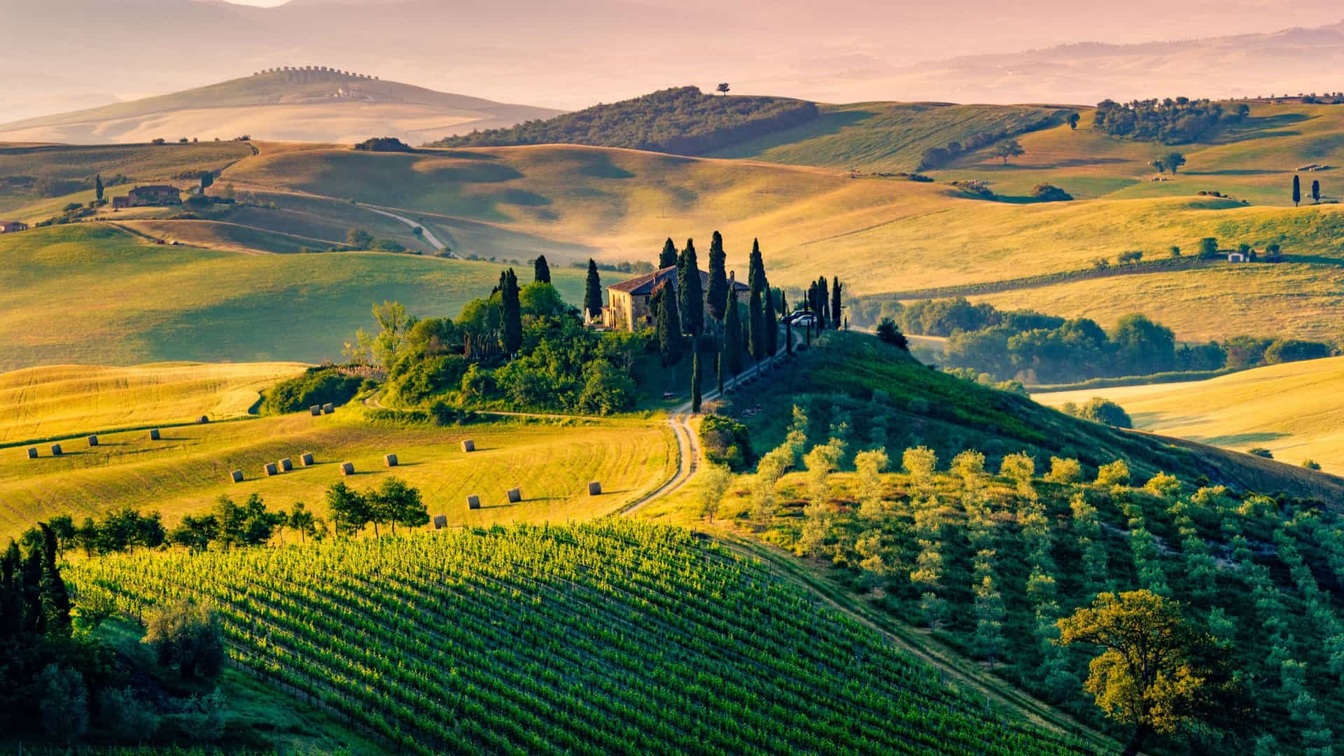 A scenic view of rolling Tuscan hills bathed in warm sunlight, featuring a hilltop villa surrounded by tall cypress trees, vineyards, and sprawling green countryside