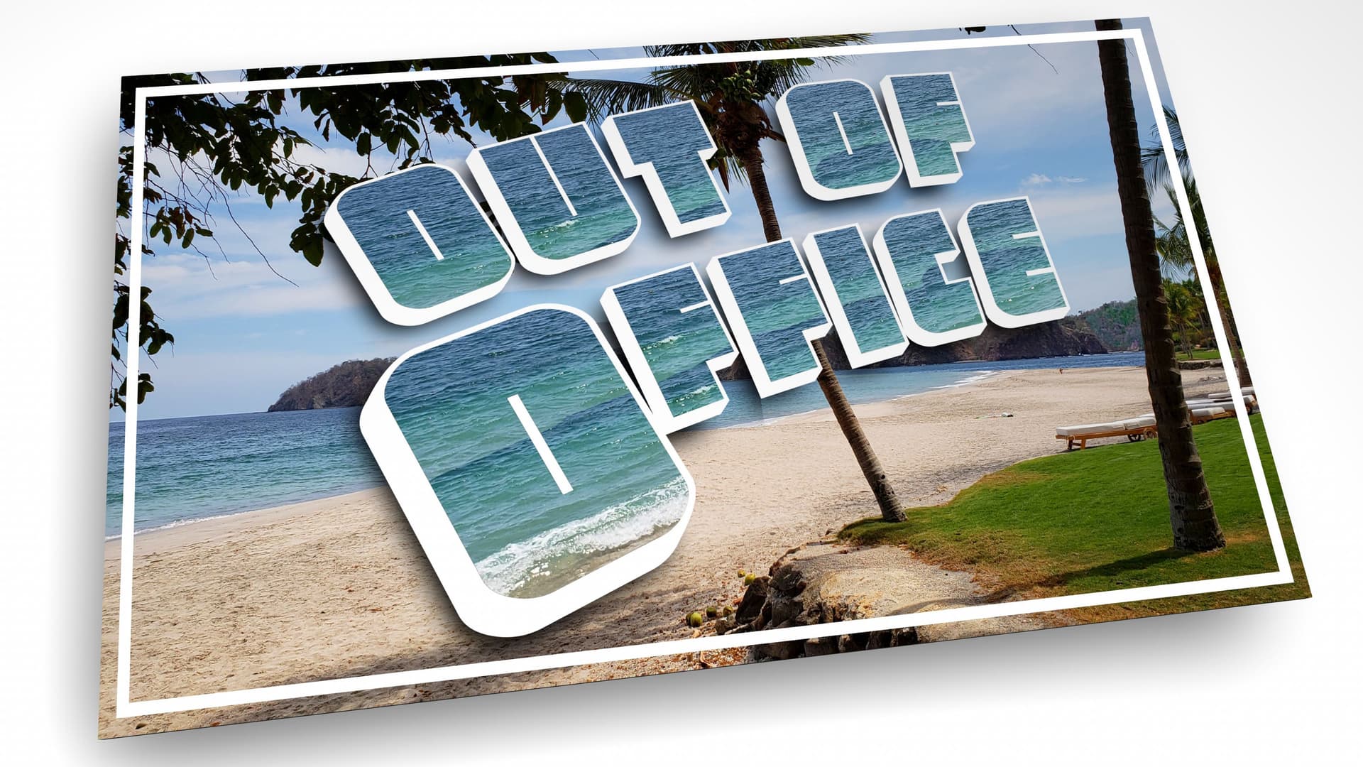 A postcard with an image of a tropical beach and "Out of Office" on it.