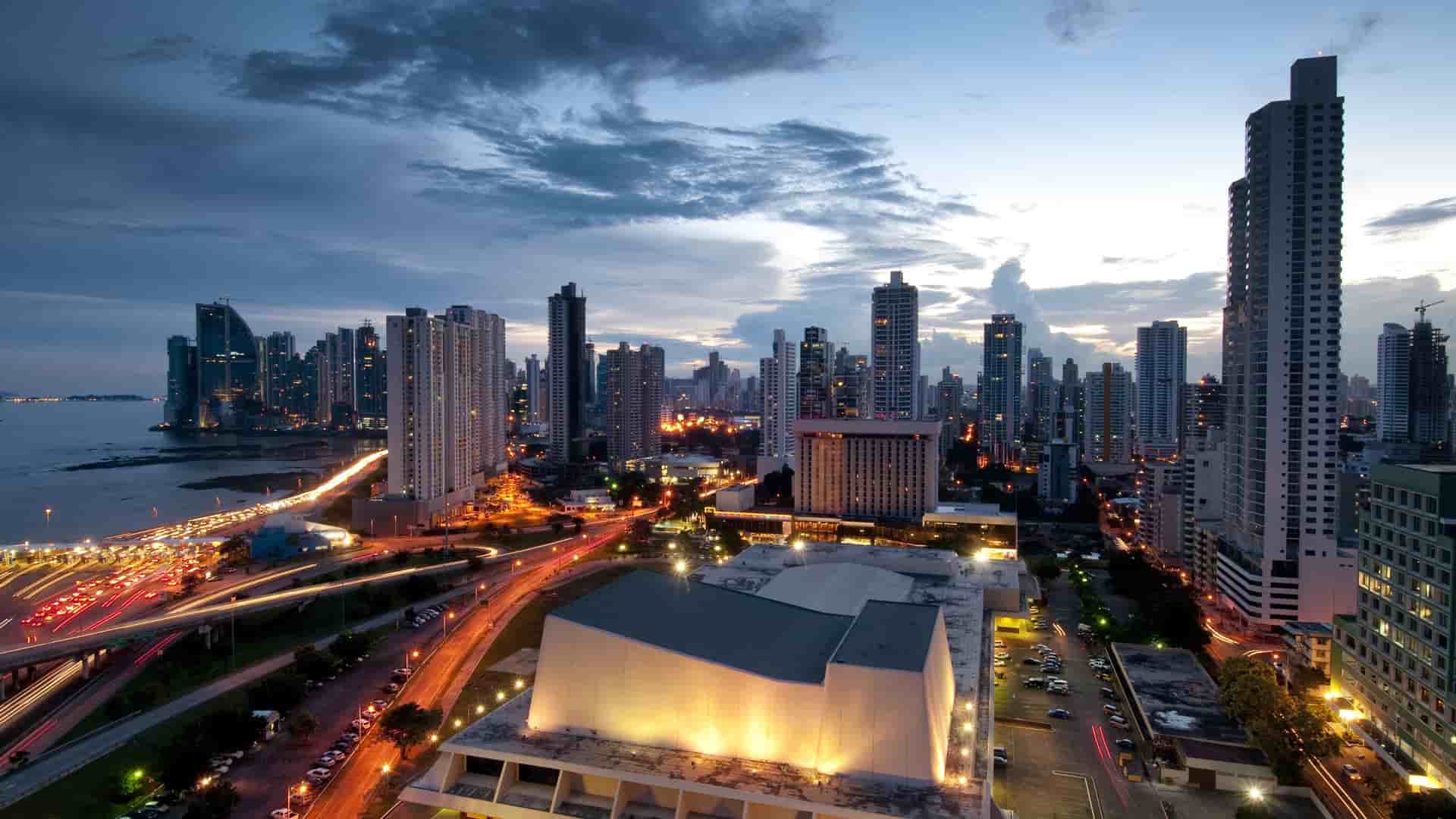 Modern Panama City skyline with skyscrapers.
