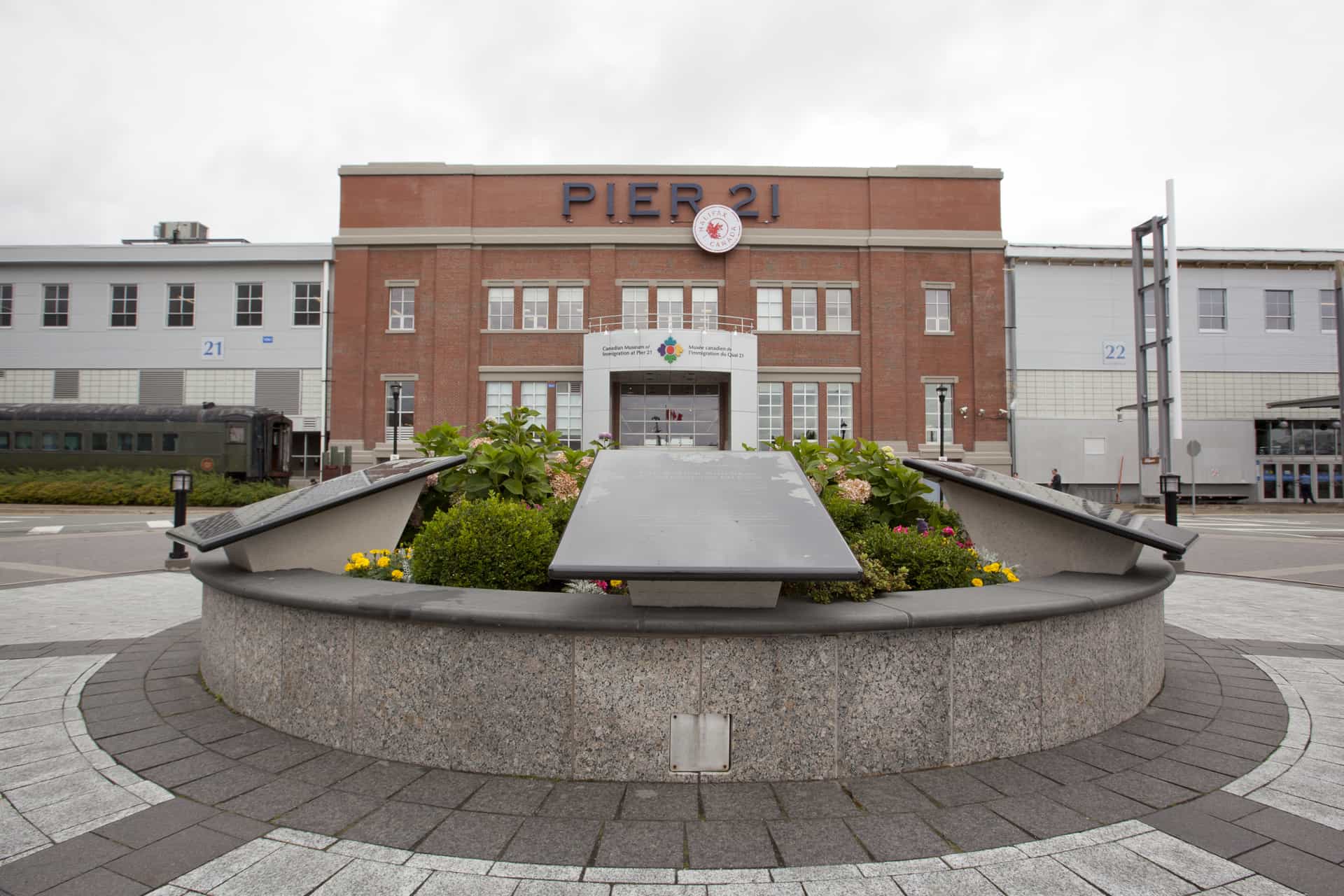 Exterior wide shot of the Pier 21 national museum in Halifax, Canada.