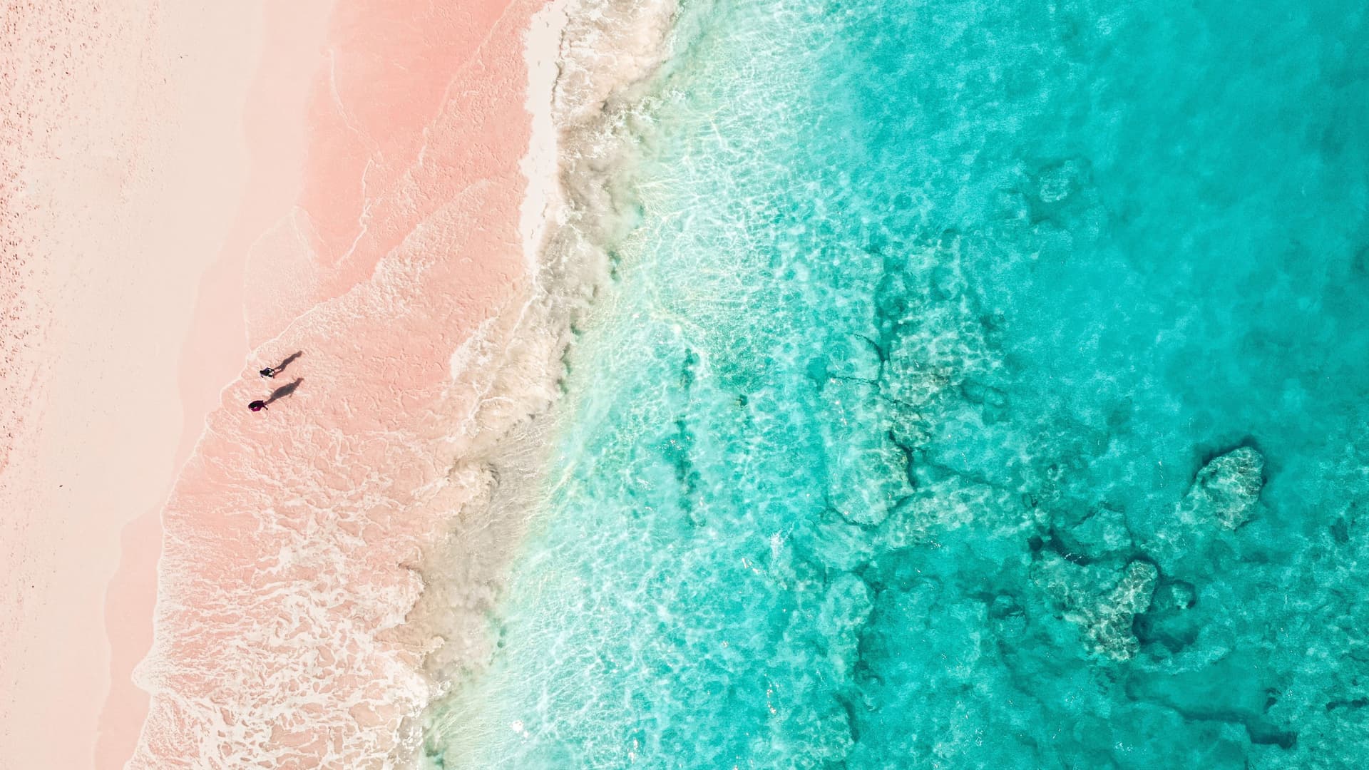 Aerial view of two people walking along the shore on one of Bermuda's pink sand beaches.