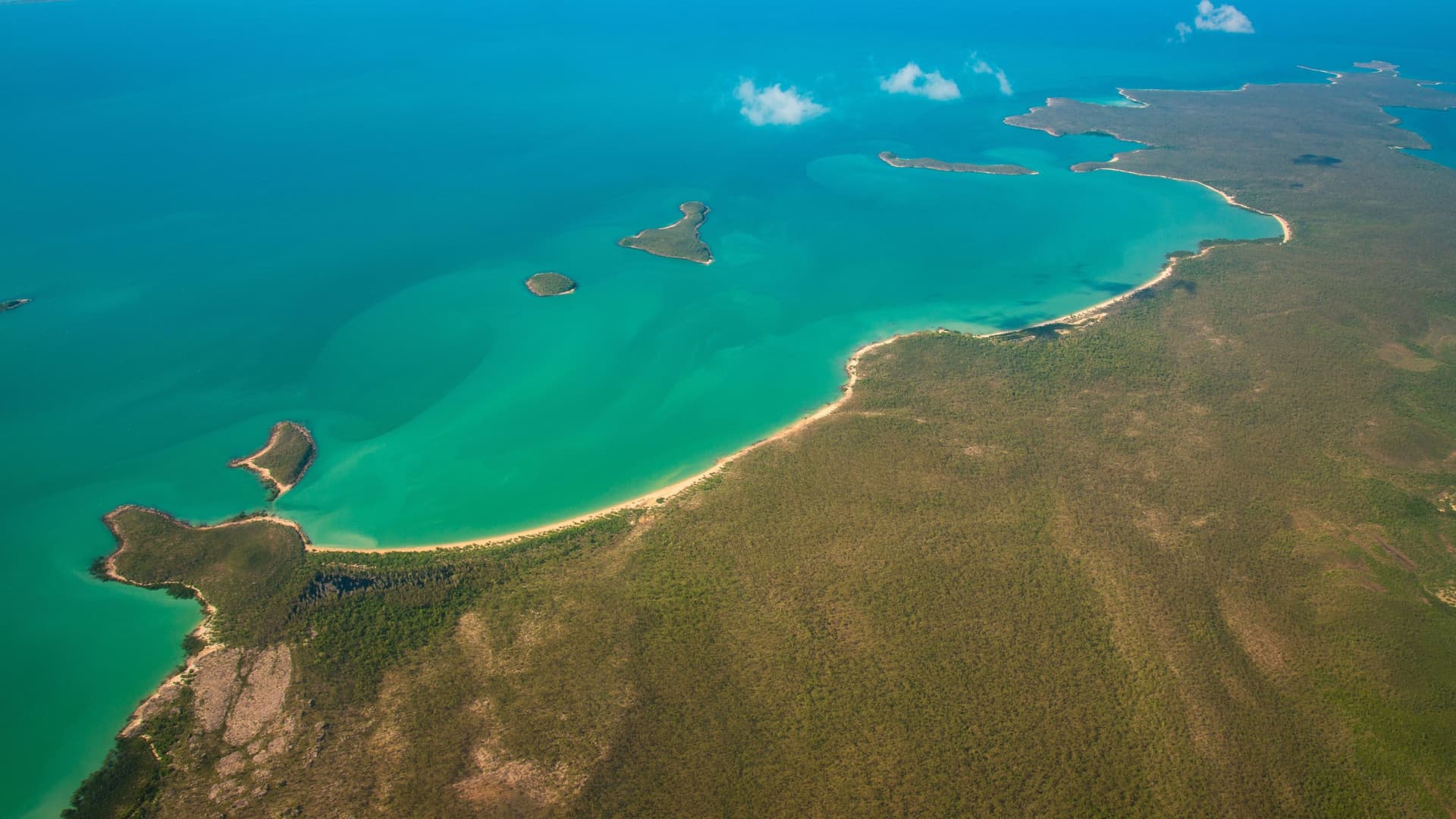 An aerial view of the stunning Arafura Sea coastline, showcasing a pristine sandy beach curving around a bay with turquoise waters and lush green land in the foreground.