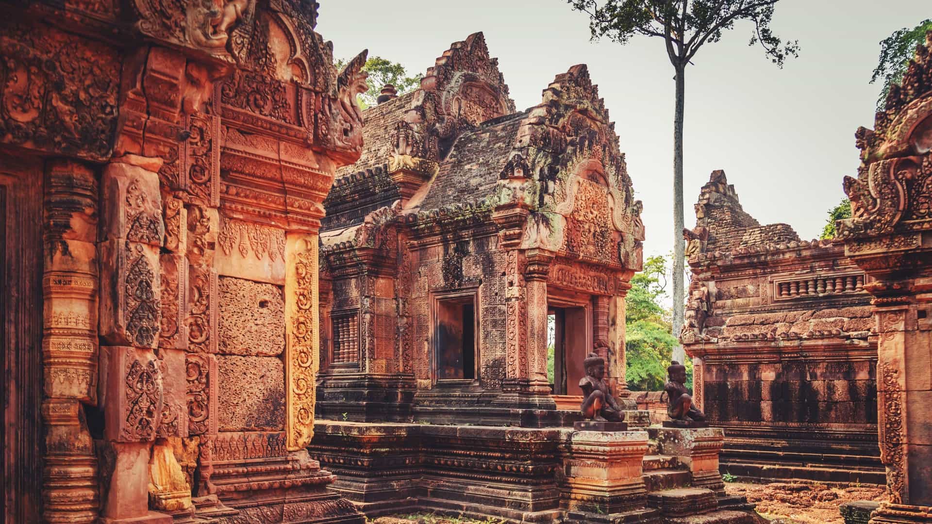 An eye-level view of the Banteay Srey temple in Cambodia, a red sandstone Hindu temple known for its intricate stone carvings and details.