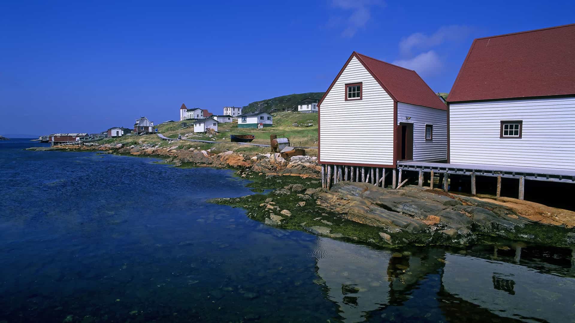 A coastal landscape of historic Battle Harbour, Labrador, with traditional white wooden houses on stilts along a rocky shoreline, reflecting in the clear blue water.