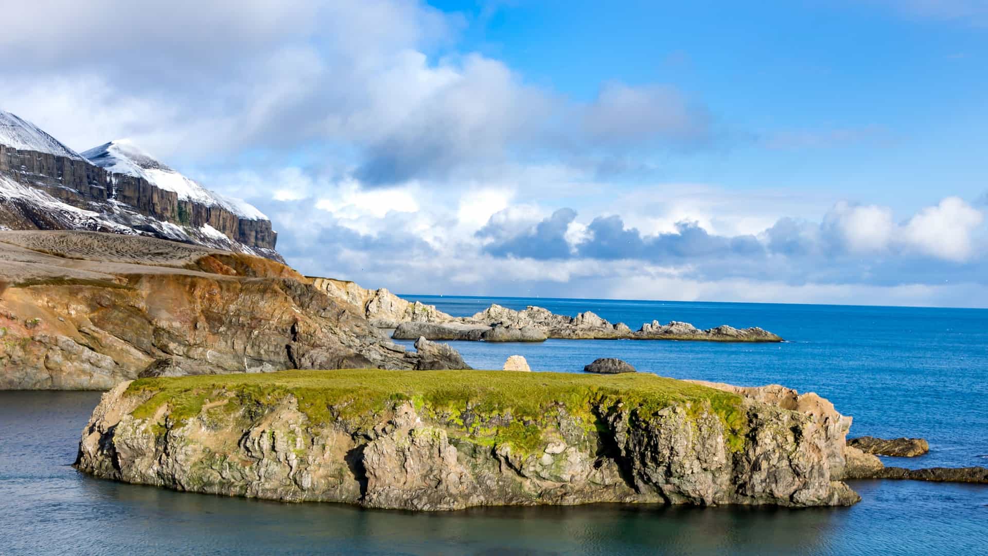 A scenic view of Bear Island's rugged coastline with dramatic cliffs, green mossy slopes, and the serene Barents Sea under a partially cloudy sky.