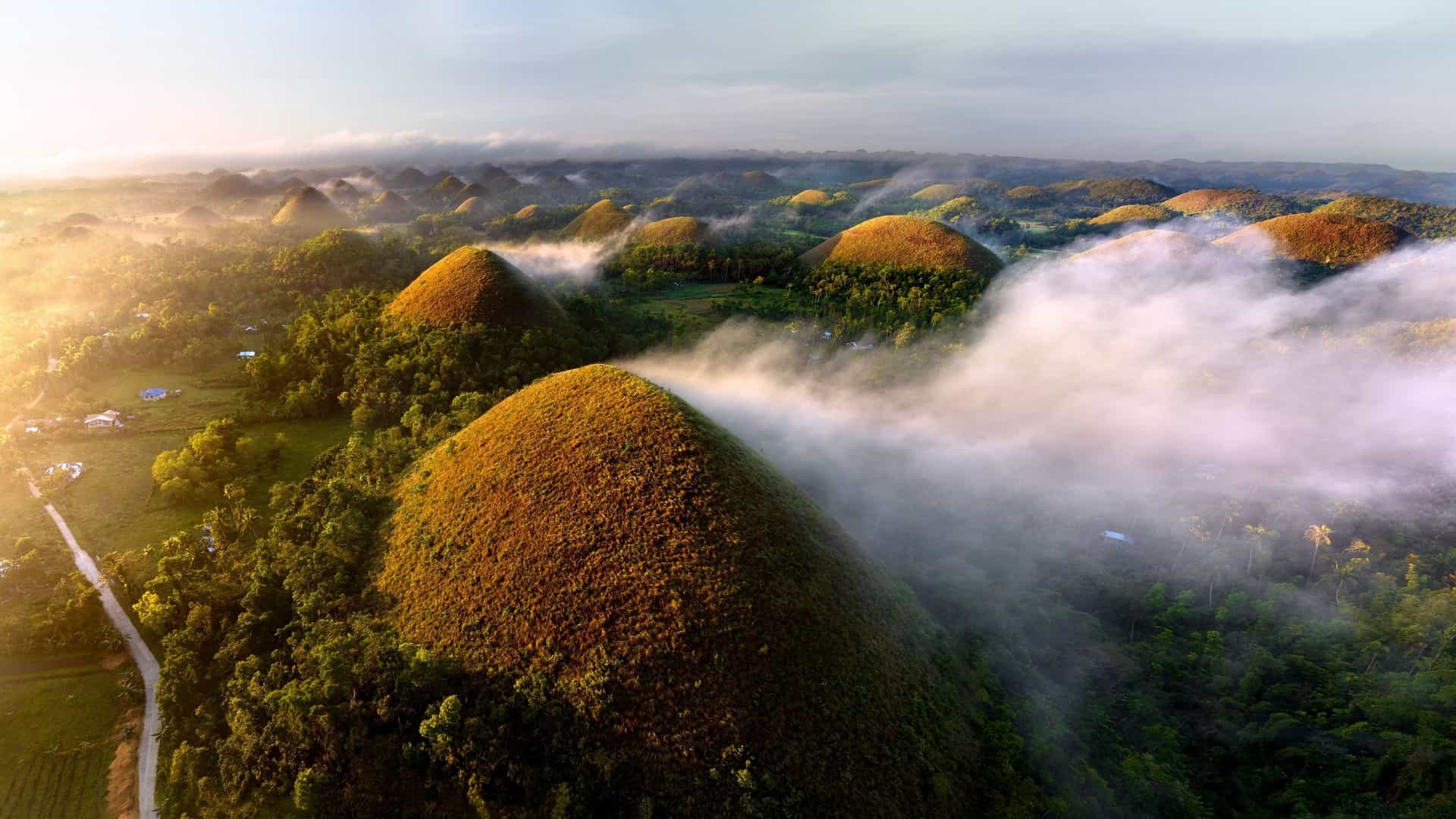 Fog drifts over the numerous symmetrical, grass-covered Chocolate Hills of Bohol, The Philippines, at sunrise.