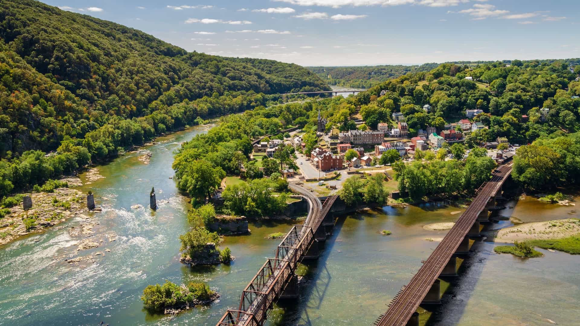 An aerial view of Harpers Ferry, West Virginia, showing the confluence of the Shenandoah and Potomac rivers, two railroad bridges crossing the water, and the historic town nestled between lush green mountains.