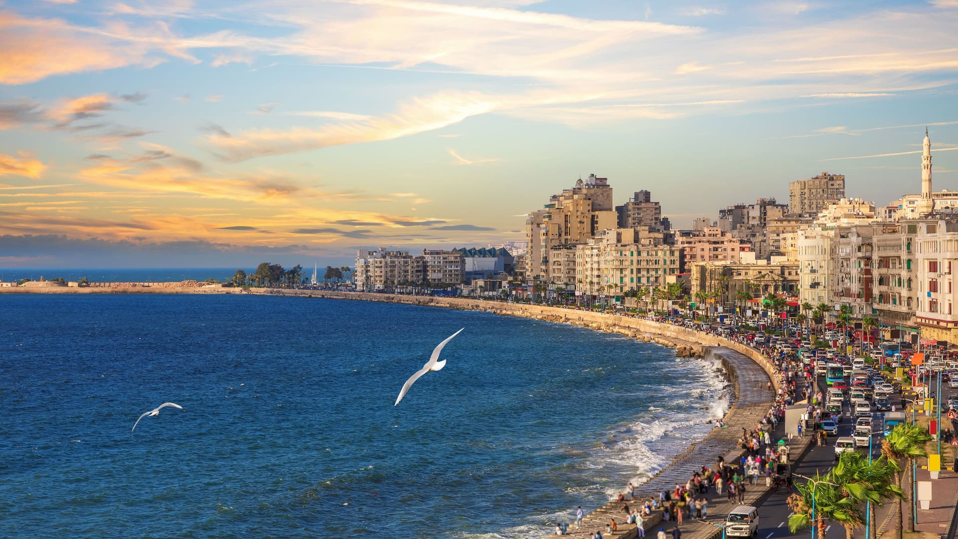 A vibrant wide-angle view of the bustling city of Alexandria, Egypt, with its urban coastline curving along the Mediterranean Sea at sunset.