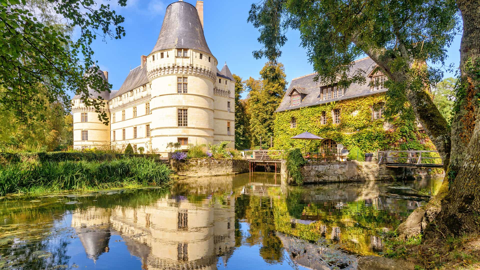 A majestic historic French château with a large conical tower reflected in a calm moat, situated next to a stone building with ivy, surrounded by lush green trees and foliage in the Loire Valley.