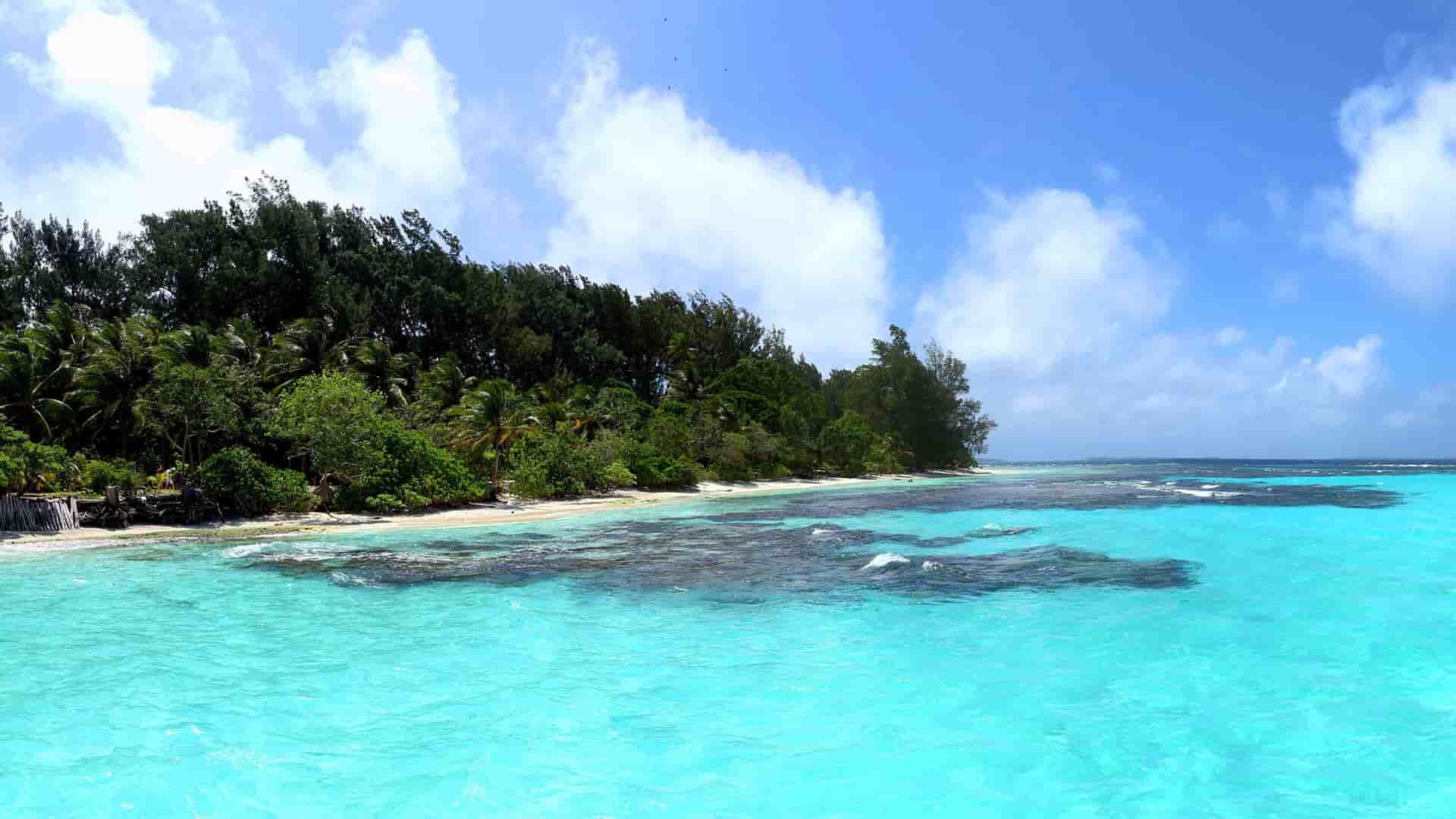A breathtaking tropical landscape of Conflict Group in Papua New Guinea, with turquoise-colored water, a white sandy beach, and lush green trees under a bright blue sky with white clouds.
