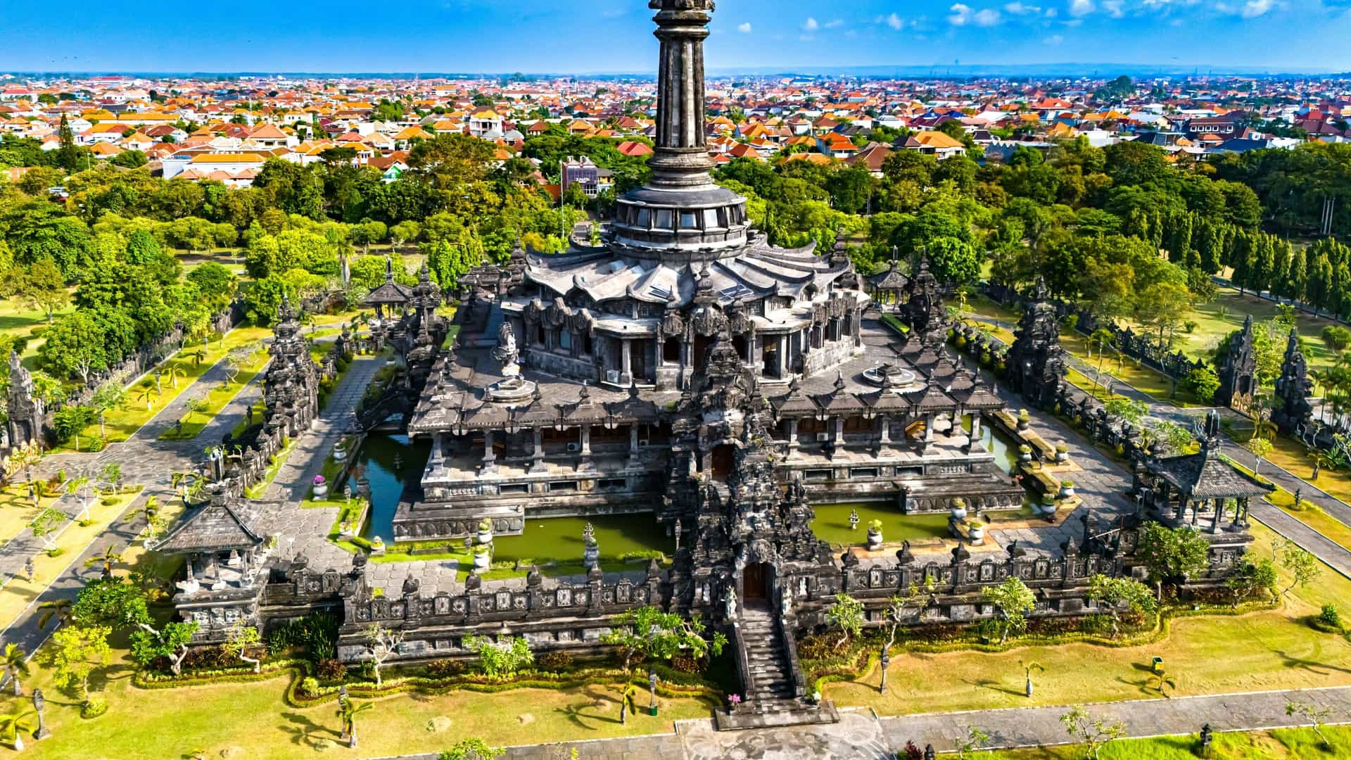 Aerial view of Bajra Sandhi Monument in Denpasar, Bali, Indonesia. This historical landmark commemorates the Balinese people's struggle.