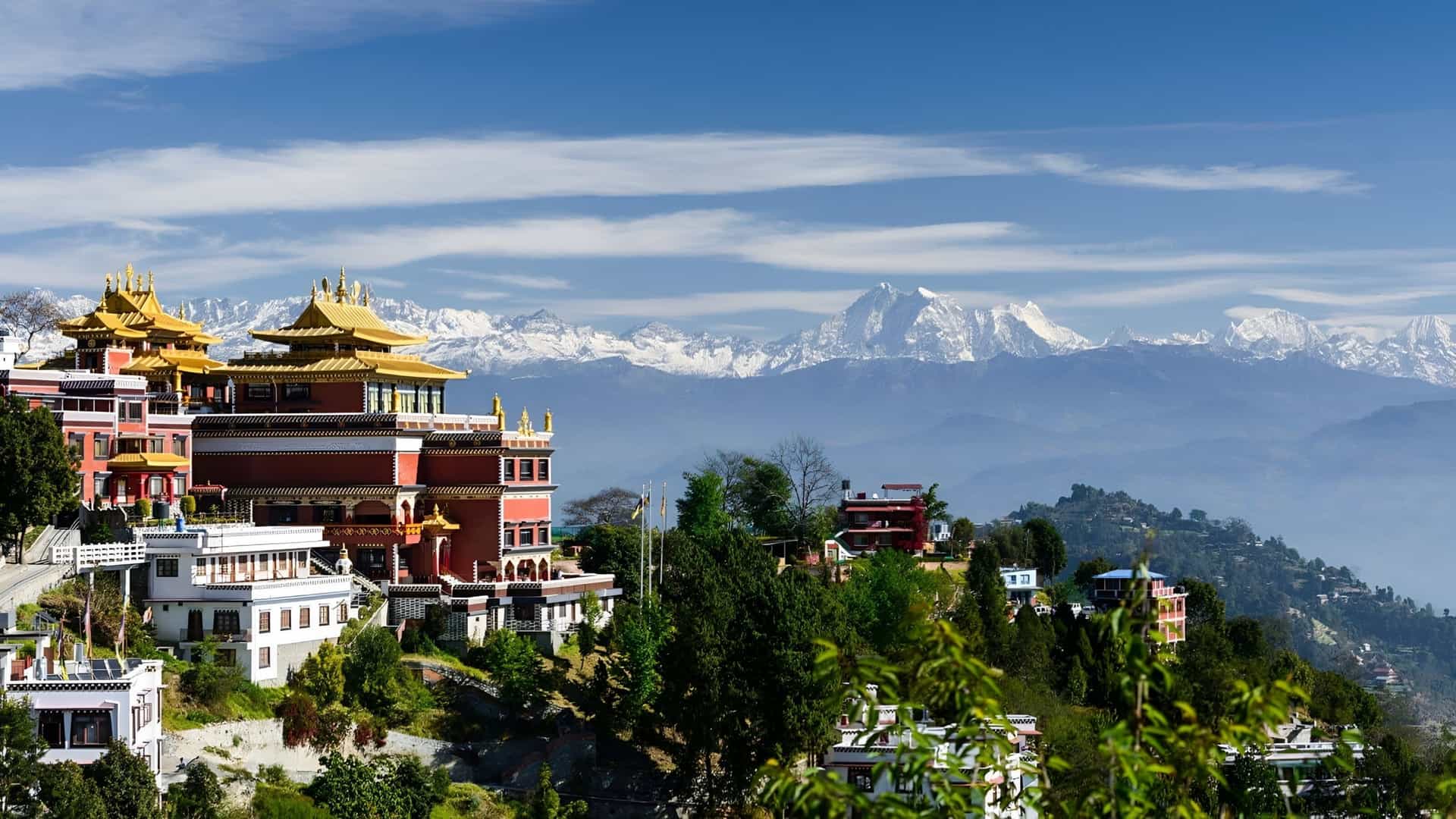 Dhulikhel, Nepal, village with monastery architecture overlooking the Himalayan Mountains. Famous view of the Annapurna range.