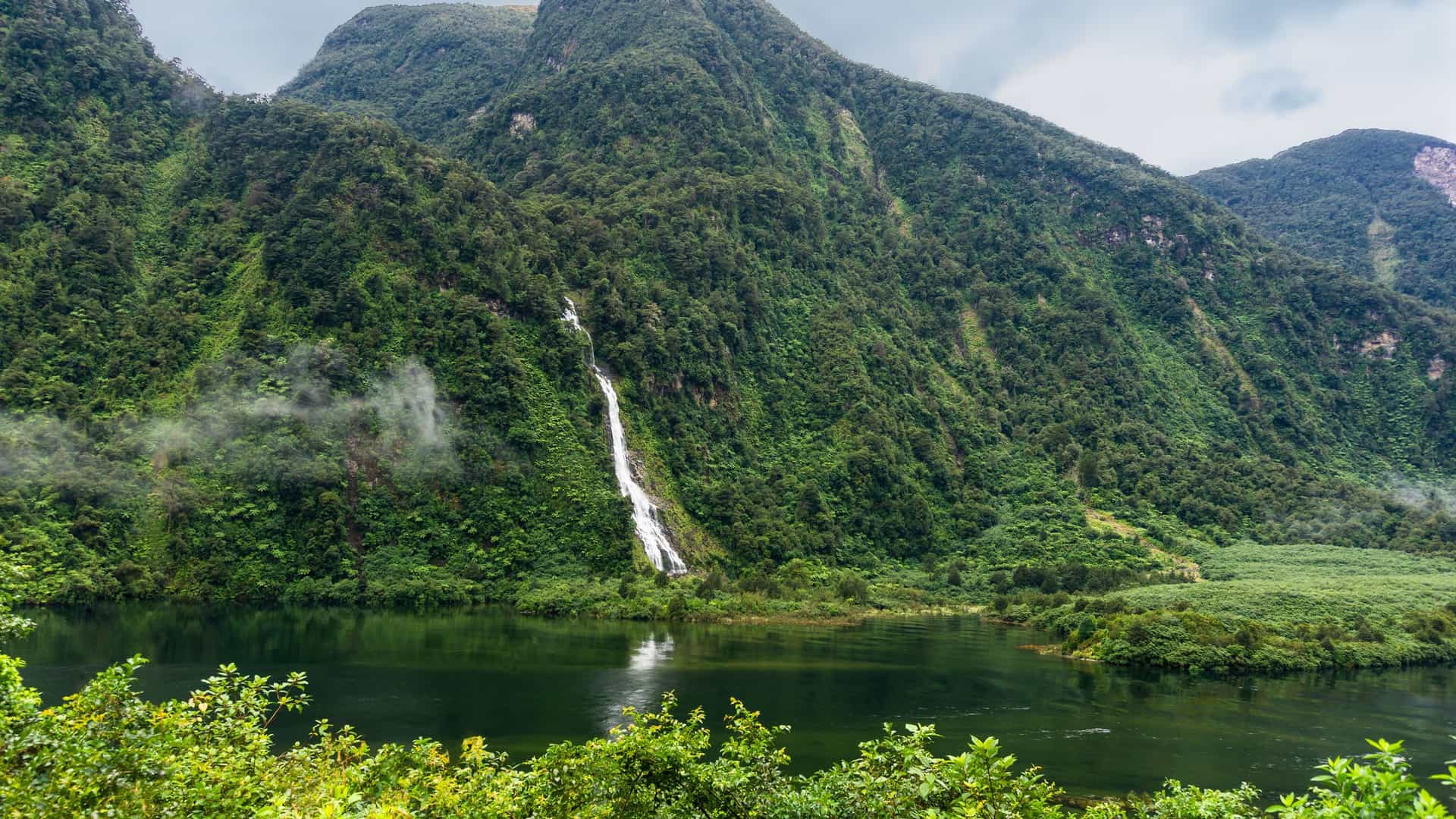 The stunning, mist-shrouded landscape of Doubtful Sound, New Zealand, with a powerful waterfall cascading down a dense, rainforest-covered mountain into the fjord.