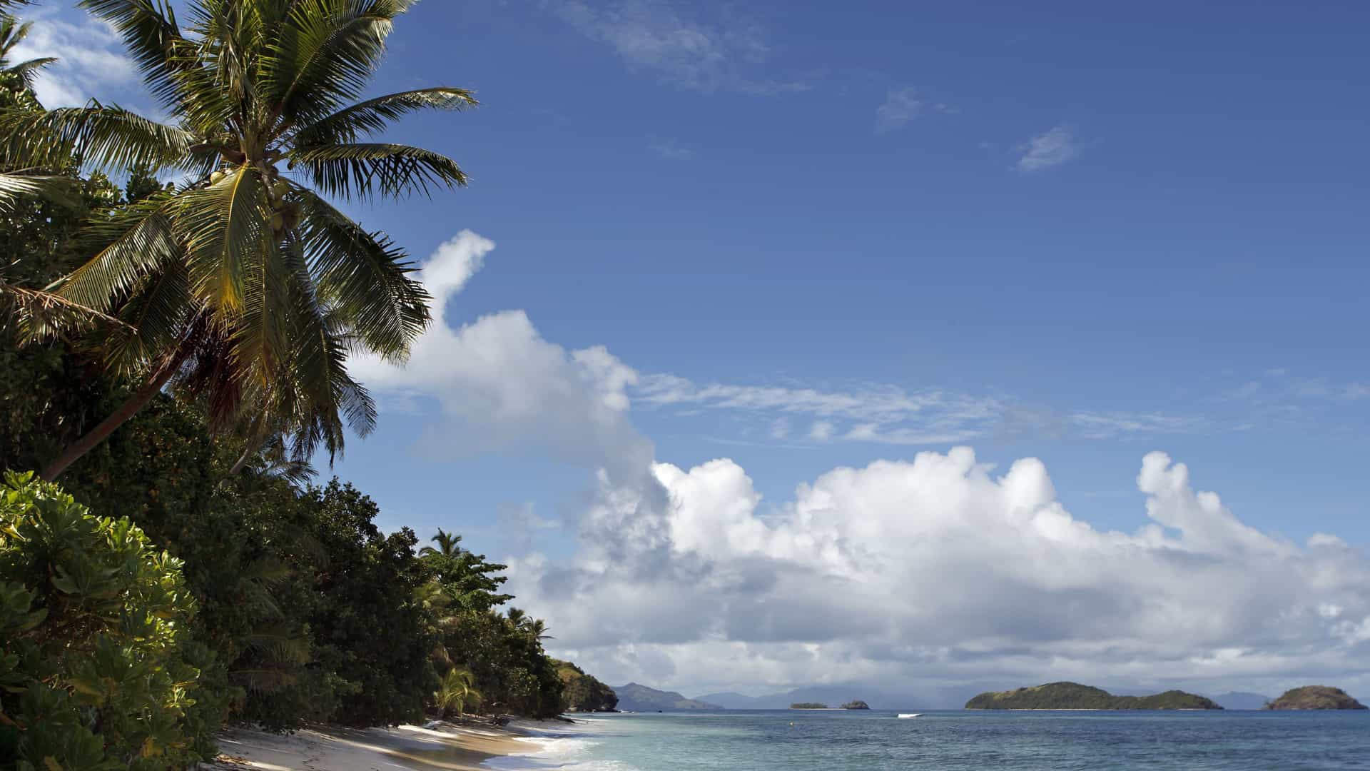 A scenic tropical beach on Dravuni Island, Fiji, with a pristine white sand shoreline, turquoise water, lush palm trees, and small islands in the distance.