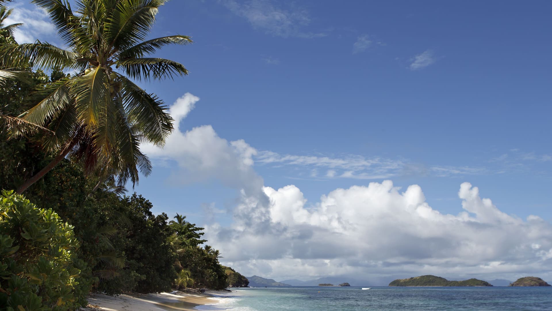 A scenic tropical beach on Dravuni Island, Fiji, with a pristine white sand shoreline, turquoise water, lush palm trees, and small islands in the distance.
