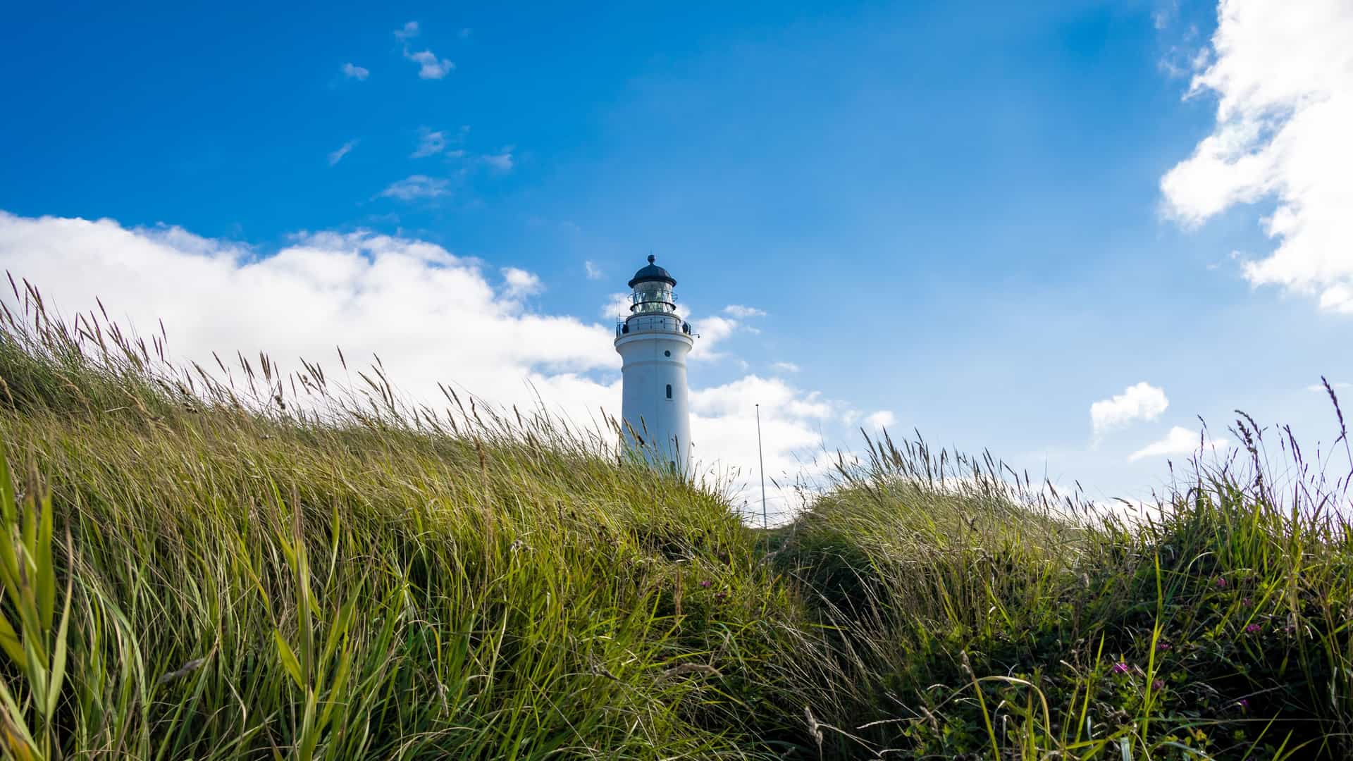 "A classic shot of the Frederikshavn lighthouse, also known as the White Lighthouse, emerging from a grassy dune on the coast of Denmark under a blue sky with scattered clouds. "