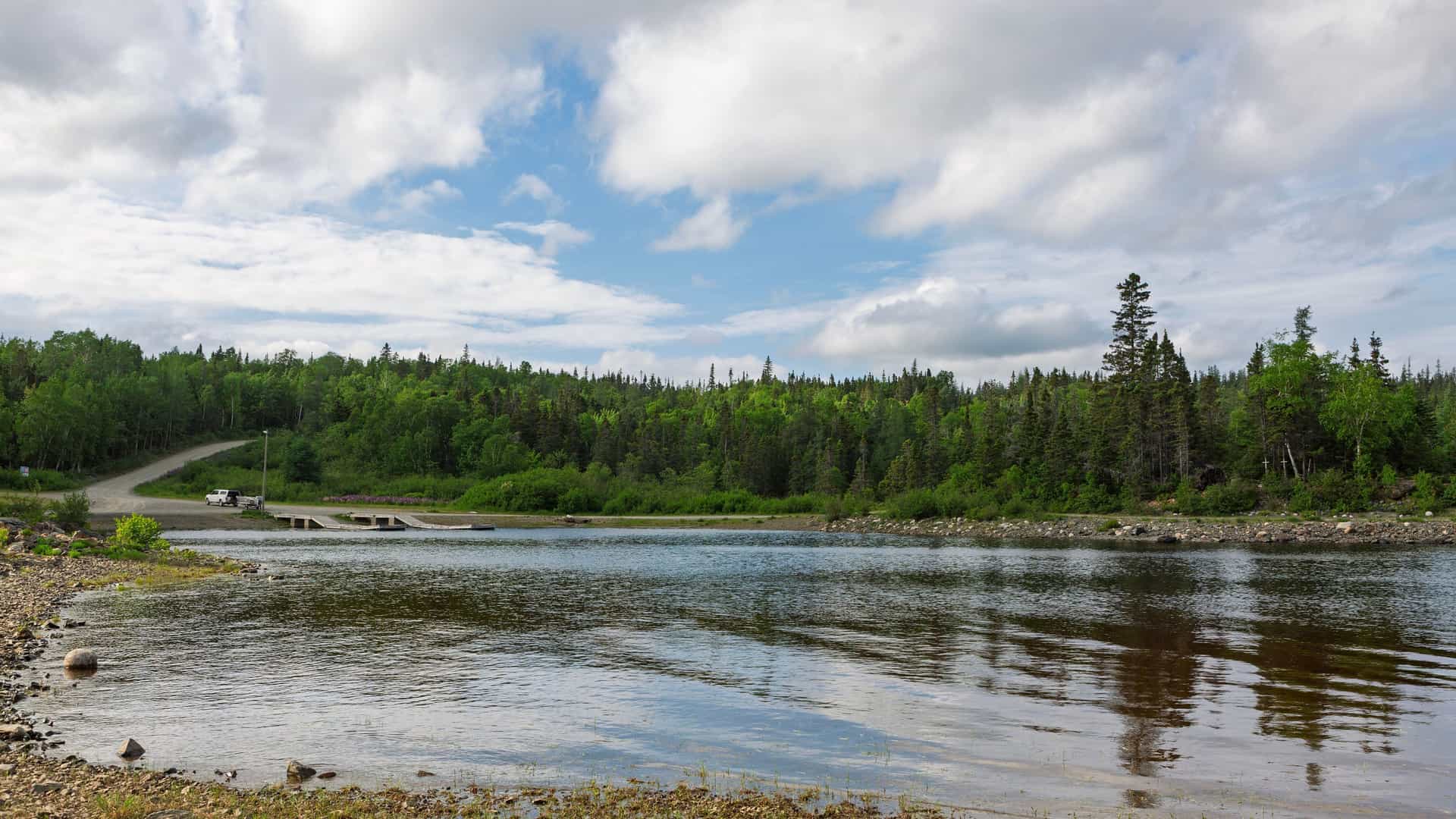 "A tranquil landscape view in Gander, Newfoundland and Labrador, showing a calm body of water reflecting a lush green forest under a partly cloudy summer sky. "