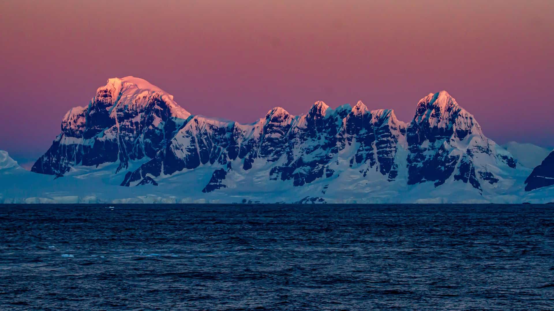 A dramatic sunset view over the Gerlache Strait in Antarctica, featuring snow-covered mountains with vibrant pink and purple hues reflected on the peaks.