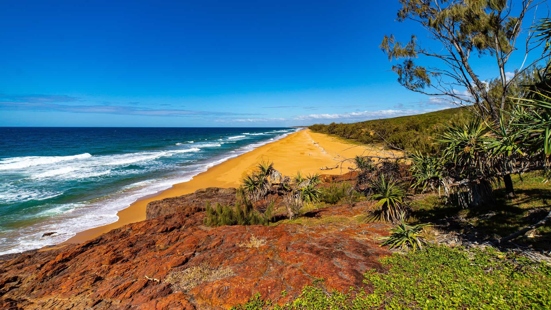 A scenic shot of the Gladstone coastline in Queensland, Australia, showcasing a pristine sandy beach, red rocky cliffs, and a beautiful blue ocean under a clear sky.