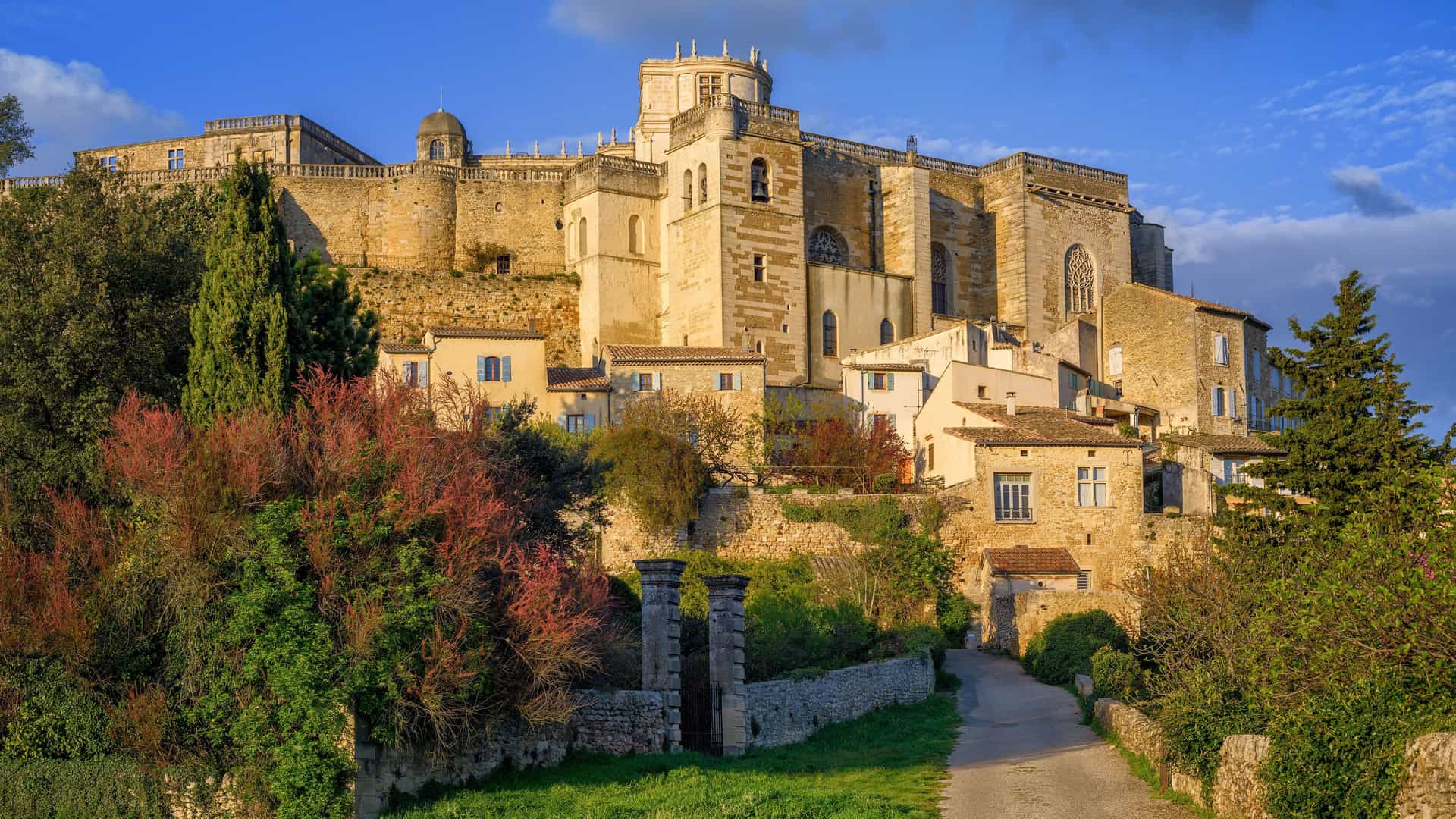 A view of the majestic Renaissance castle, Château de Grignan, towering over the medieval village below, with a winding path and vibrant trees in the foreground.