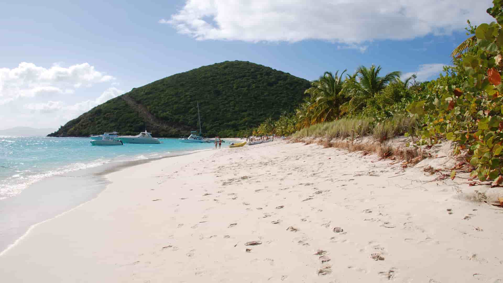 An idyllic white-sand beach with turquoise water and palm trees on Jost Van Dyke, with a lush green hill in the background.